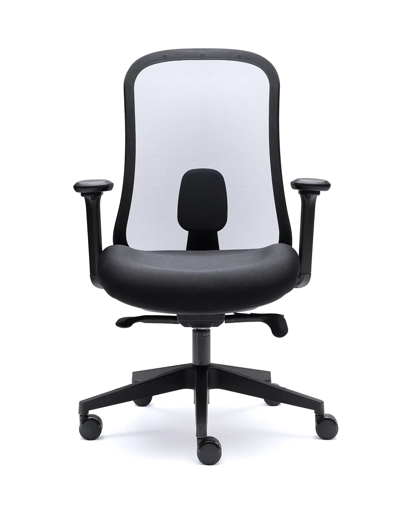 Silla de oficina LUCERNA de Euromof, vista frontal, con respaldo de malla ultra transparente y brazos 4D