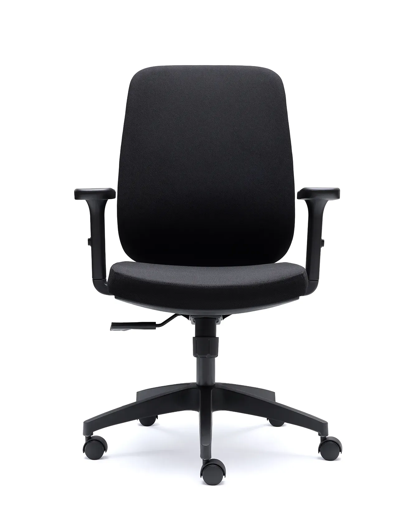Silla de oficina TORINO de Euromof, vista frontal, con respaldo tapizado y brazos 1D
