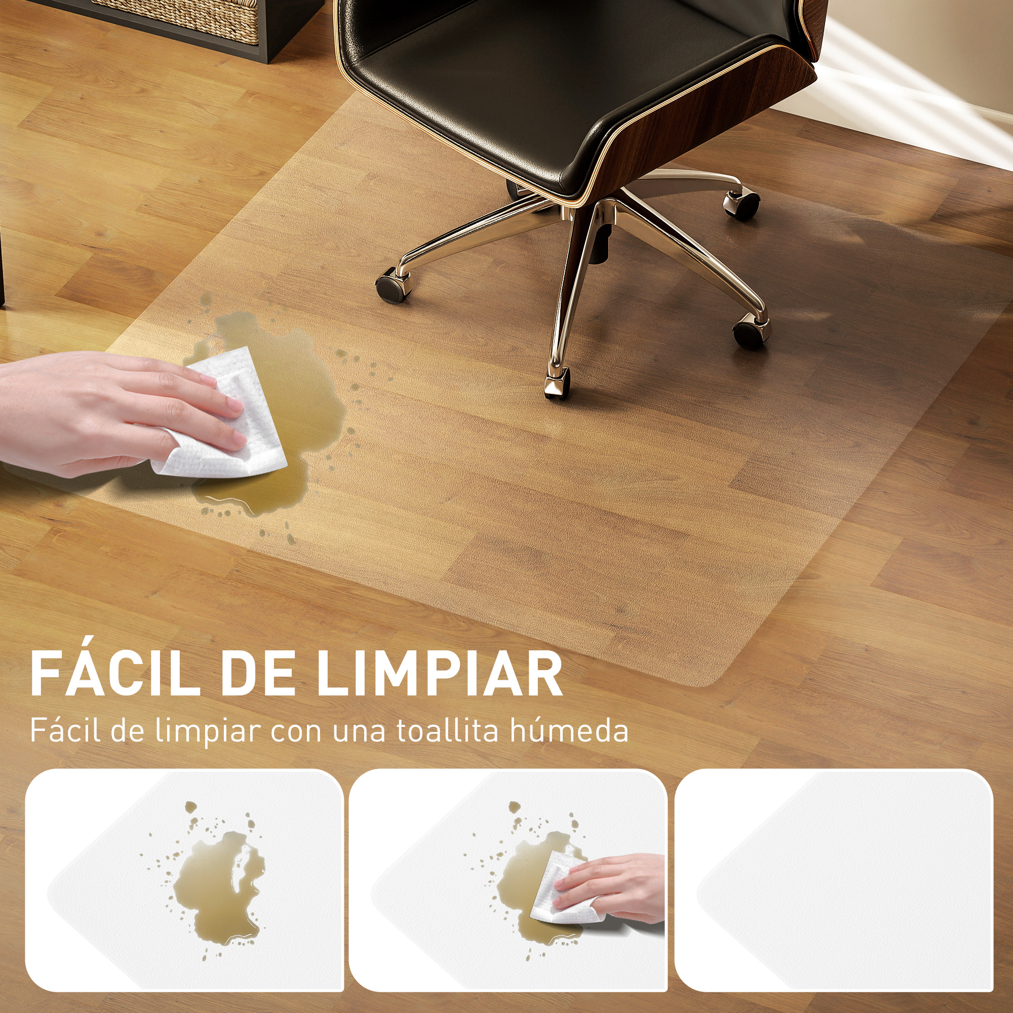 Alfombrilla protectora transparente limpiándose con un paño húmedo