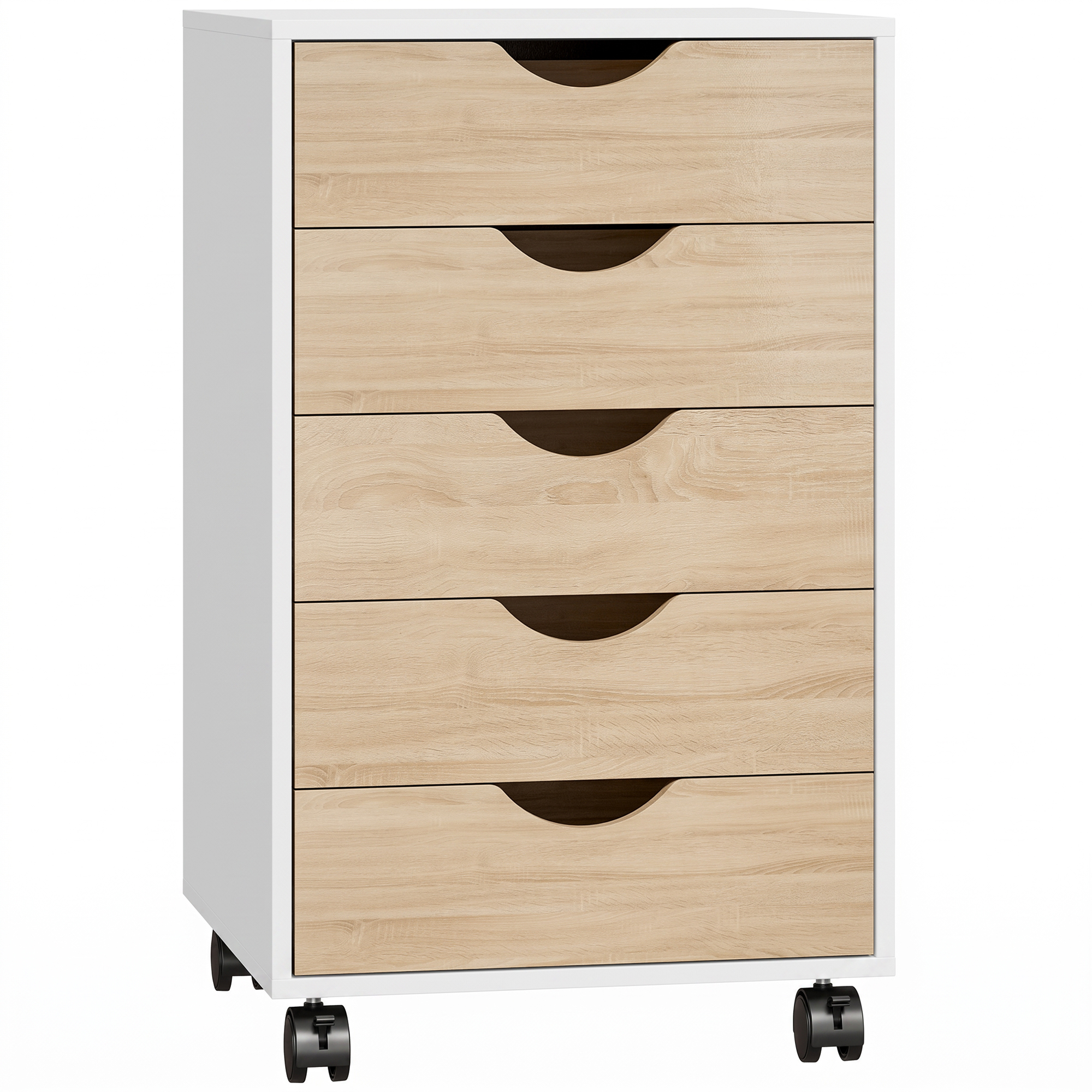 Cajonera de oficina con ruedas de 5 cajones en blanco y roble, modelo TEIDE de 40x40x67 cm