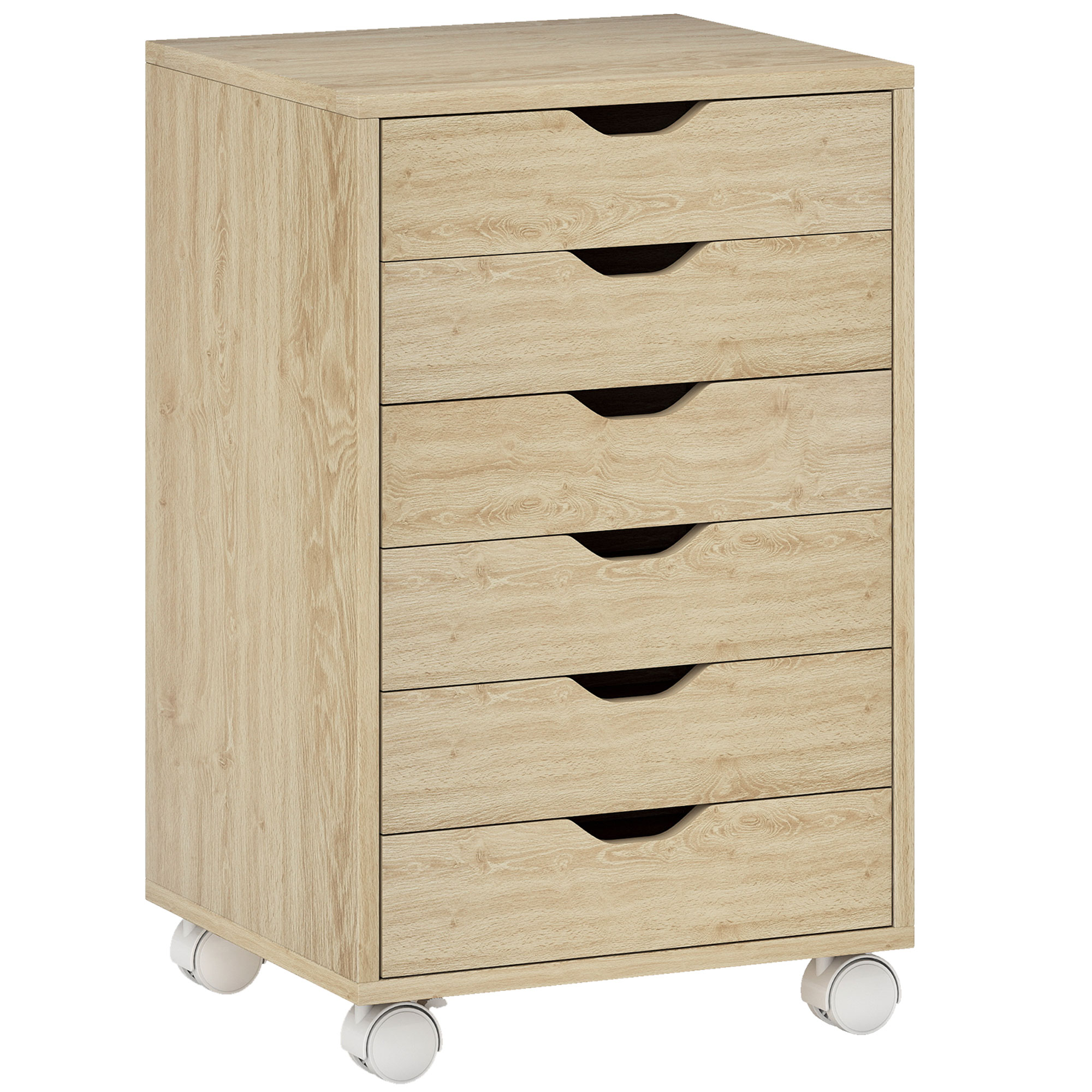 Cajonera de oficina con ruedas de 6 cajones en acabado roble, modelo JAVALAMBRE de 40x35x63 cm