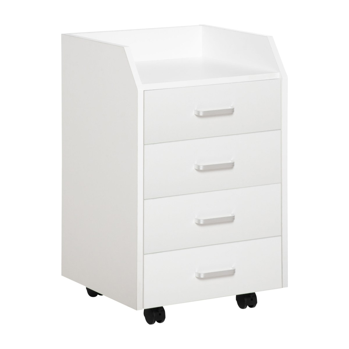 Cajonera de oficina 4 cajones POSETS blanca con balda de bordes elevados y ruedas