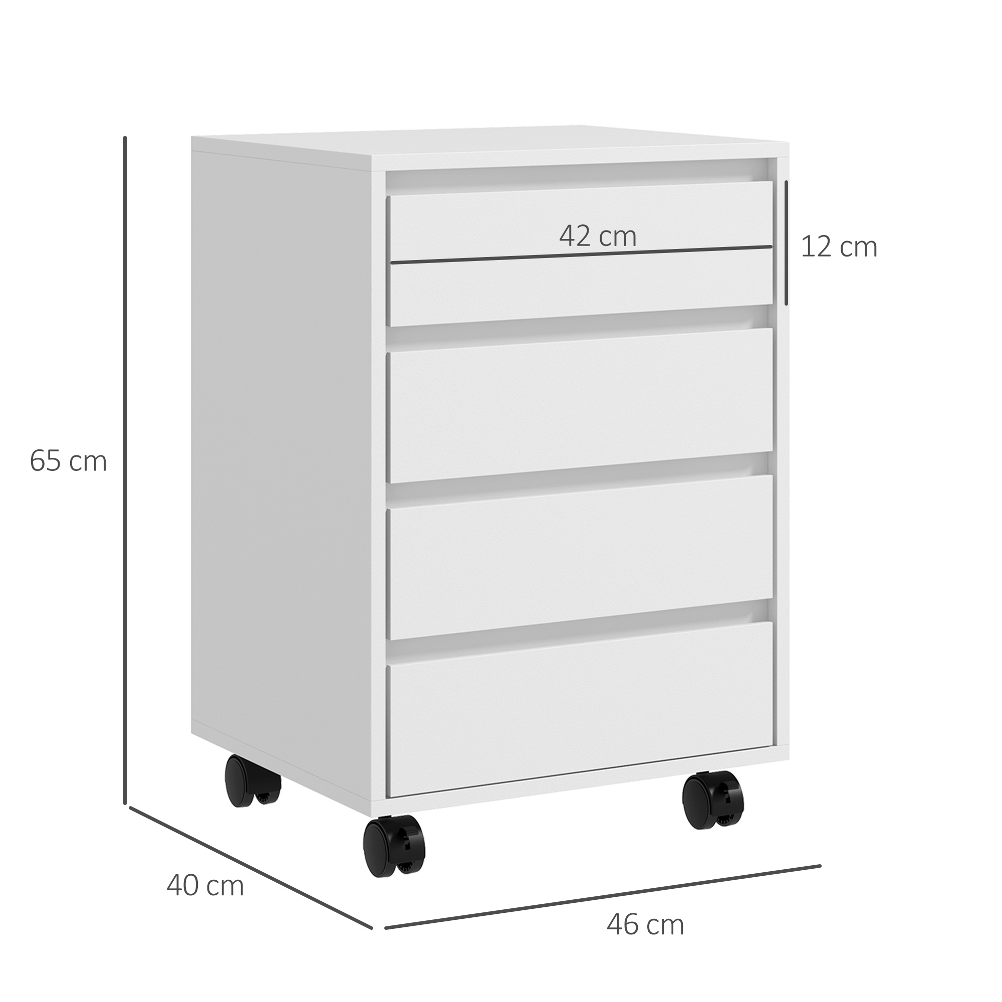 Esquema con las medidas de la cajonera de oficina URBASA: 46 cm de ancho, 40 cm de fondo y 65 cm de alto