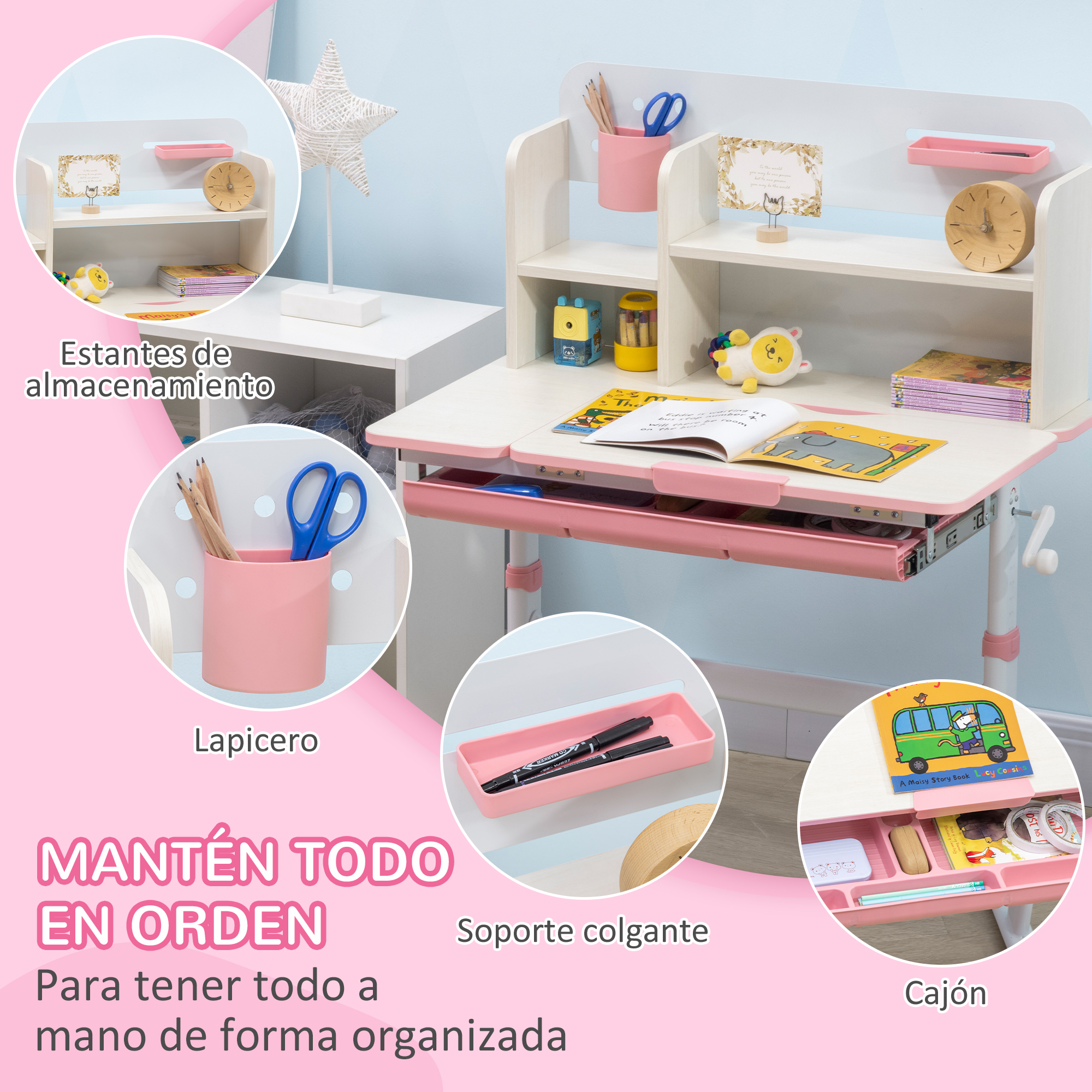 Cajón, estantes y lapicero del escritorio infantil LUNA