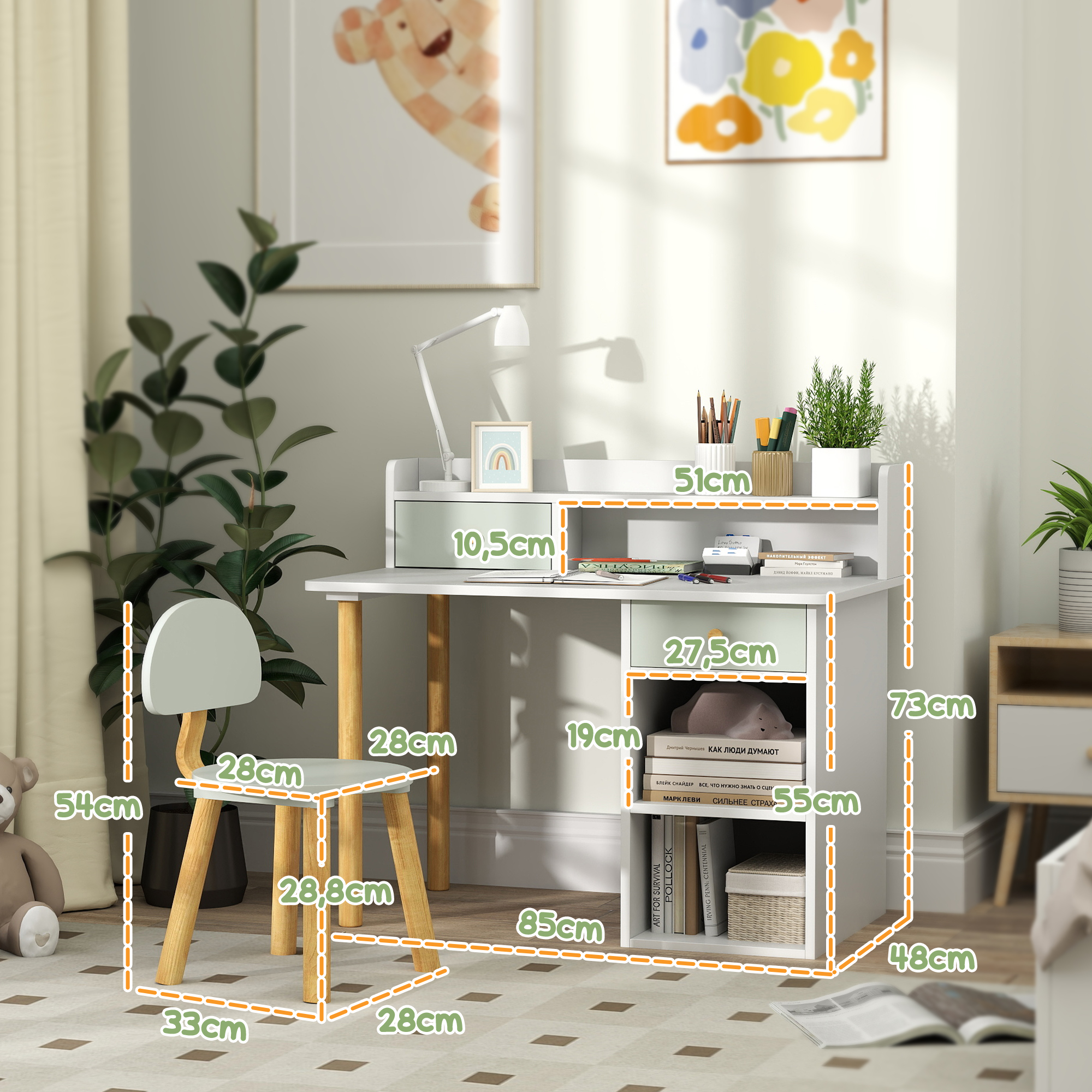 Medidas del conjunto de escritorio y silla infantil TRÉBOL