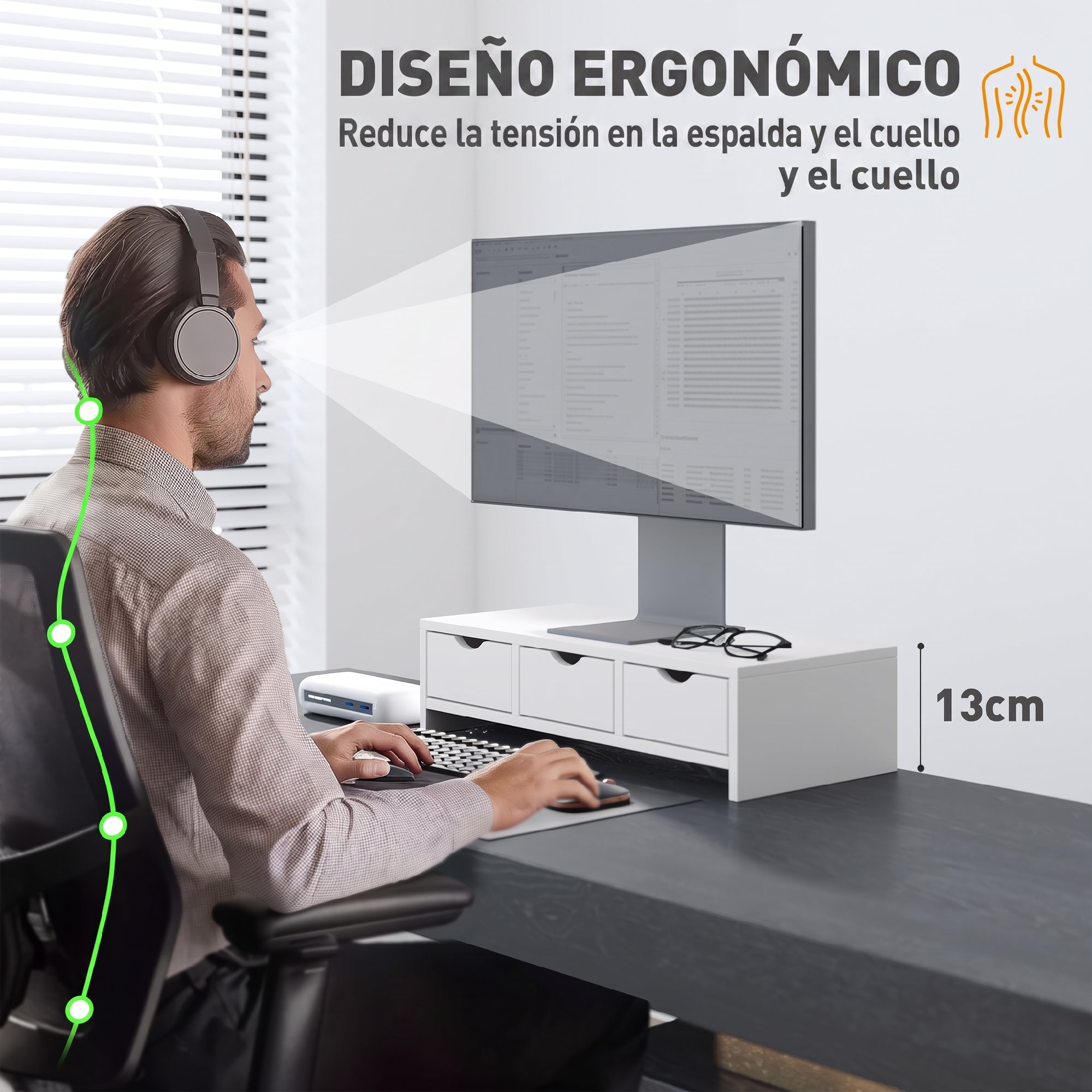 El elevador de monitor sube la pantalla 13 cm y reduce la tensión en el cuello