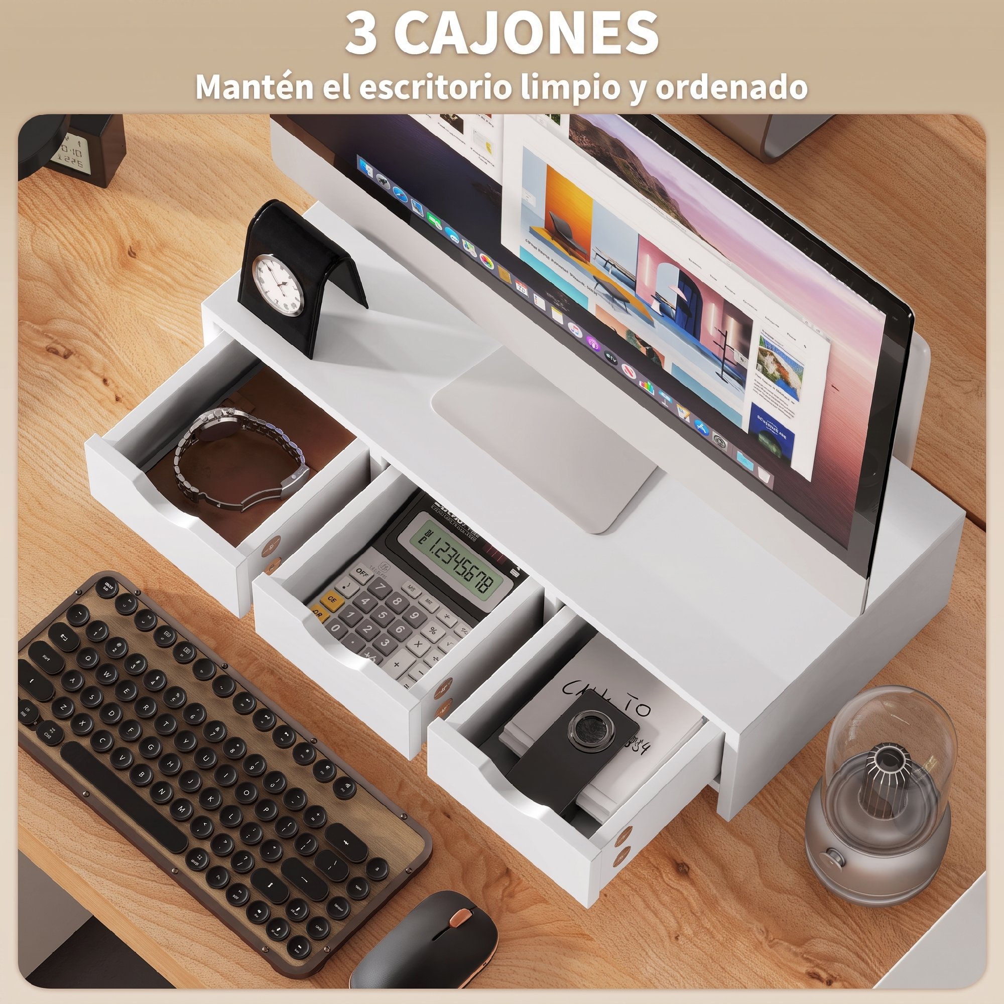 Los tres cajones del elevador de monitor con material de oficina ordenado