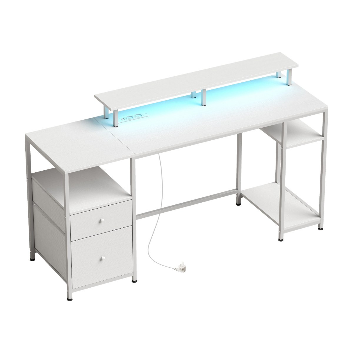 Mesa de escritorio grande ARAGÓN de 155 cm en blanco con LED, cajones, enchufes y soporte para monitor