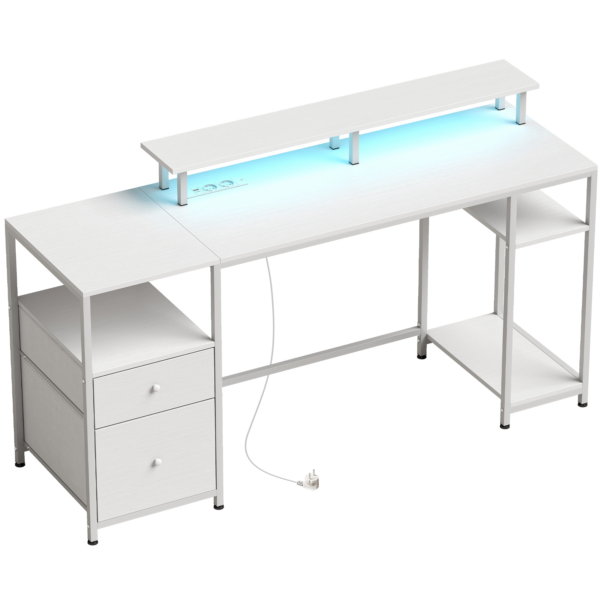 Mesa de escritorio ARAGÓN blanca de 155,5 cm con luces LED, cajones y soporte para monitor
