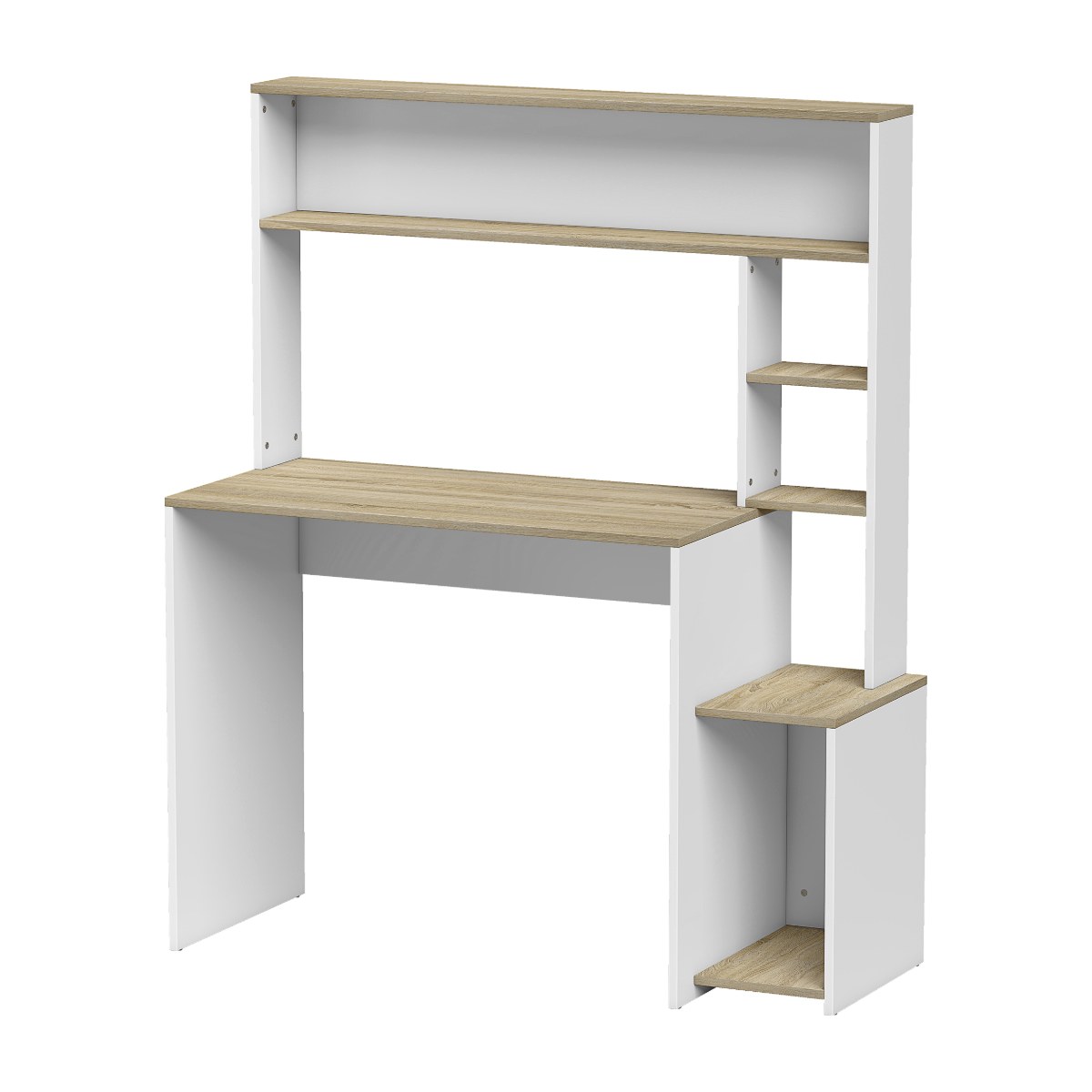 Escritorio con estantería GÁLLEGO de 114x45 cm en blanco y madera natural con soporte para CPU