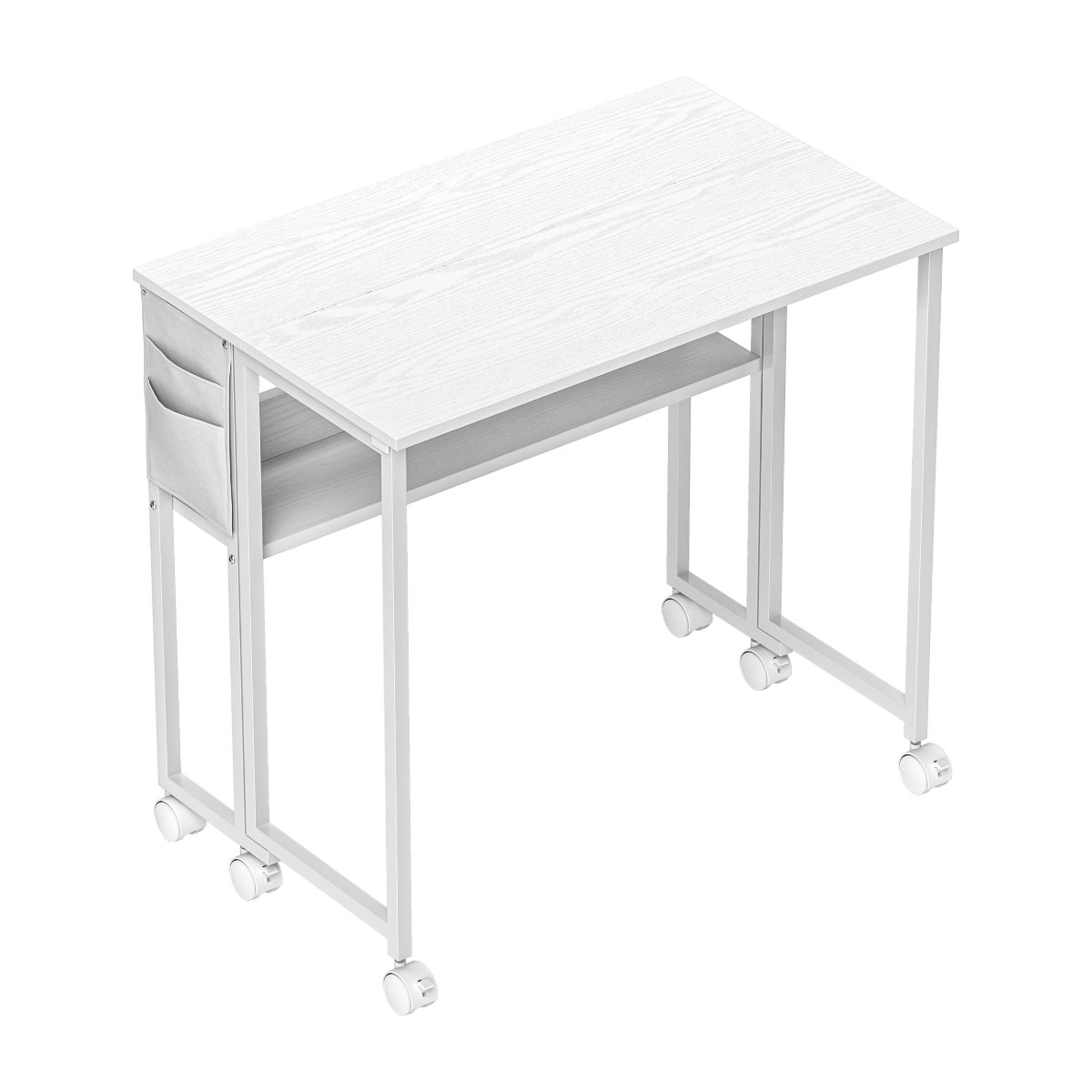 Escritorio plegable con ruedas HUERVA de 80x50 cm en blanco con balda y bolsillo lateral