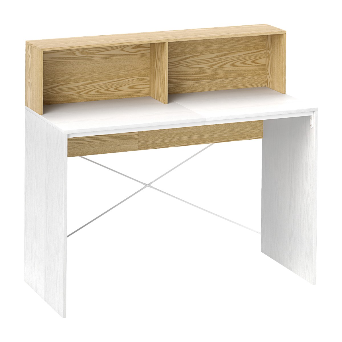 Mesa de escritorio con estante JALÓN de 110x50 cm en blanco y madera natural con estructura en X