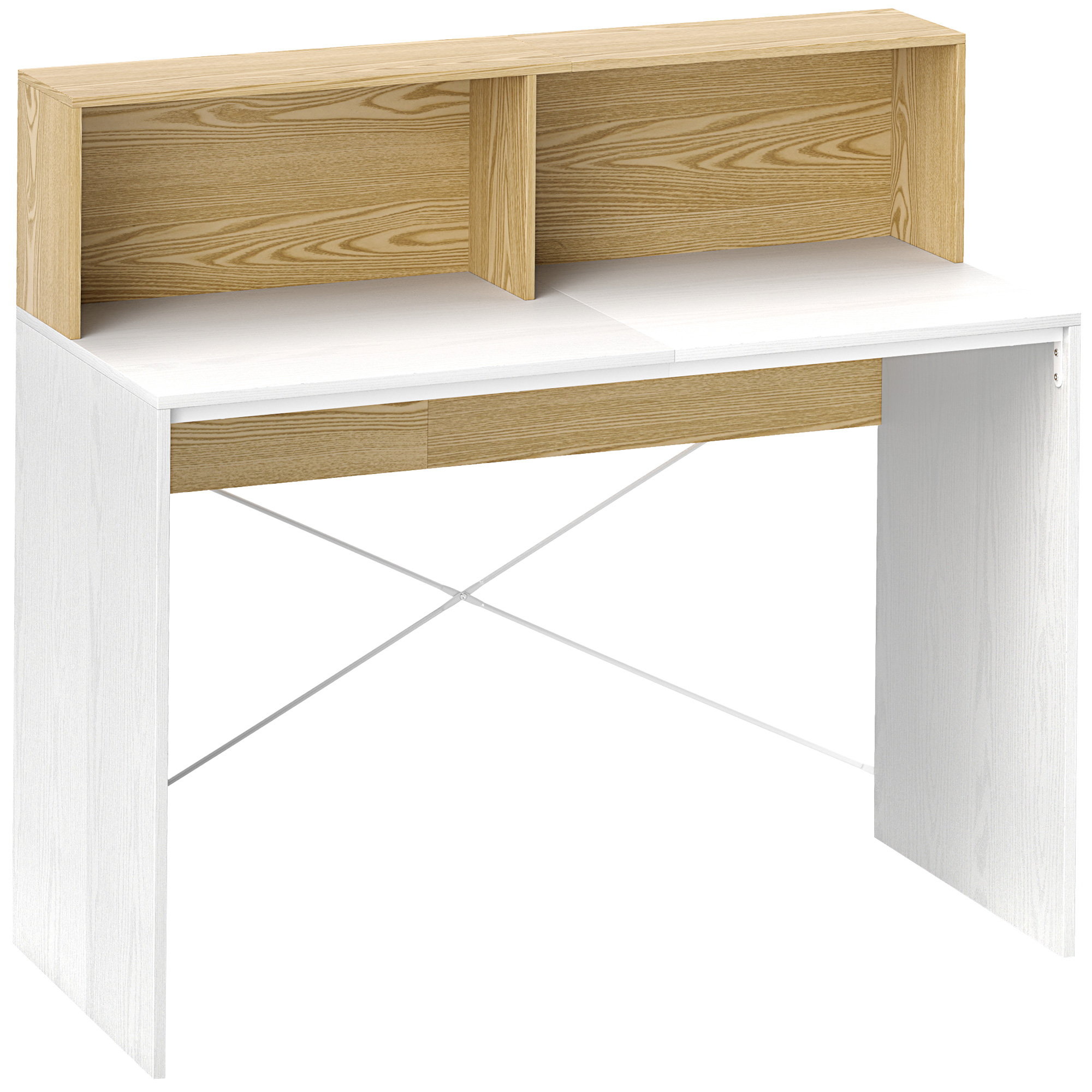 Mesa de escritorio JALÓN de 110x50 cm en blanco y madera natural con estante