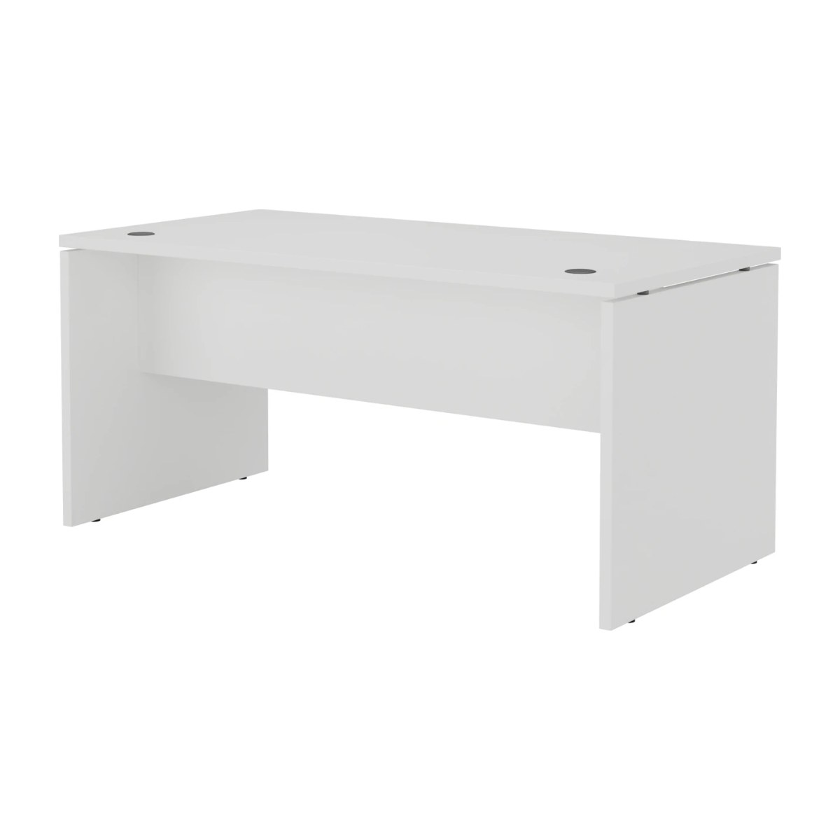 Mesa de oficina MONCAYO en acabado blanco, vista en perspectiva, con tapa y laterales de panel de 30 mm