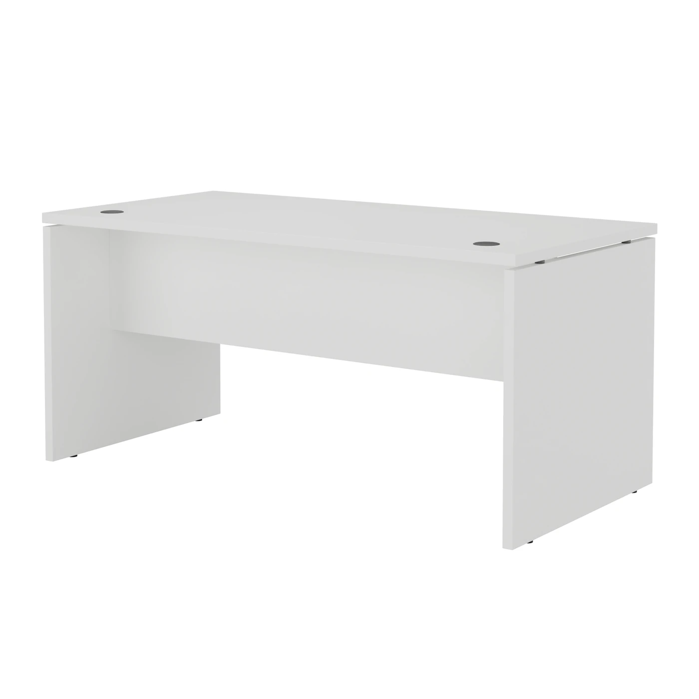 Mesa de oficina MONCAYO en acabado blanco, vista en perspectiva, con tapa y laterales de panel de 30 mm
