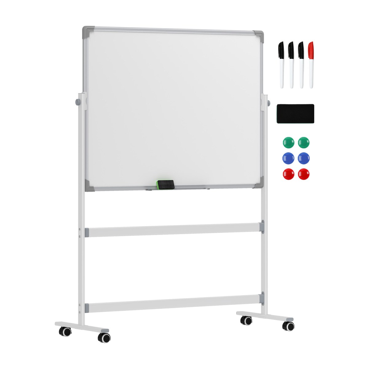 Pizarra blanca magnética de doble cara de 120x90 cm con soporte y ruedas