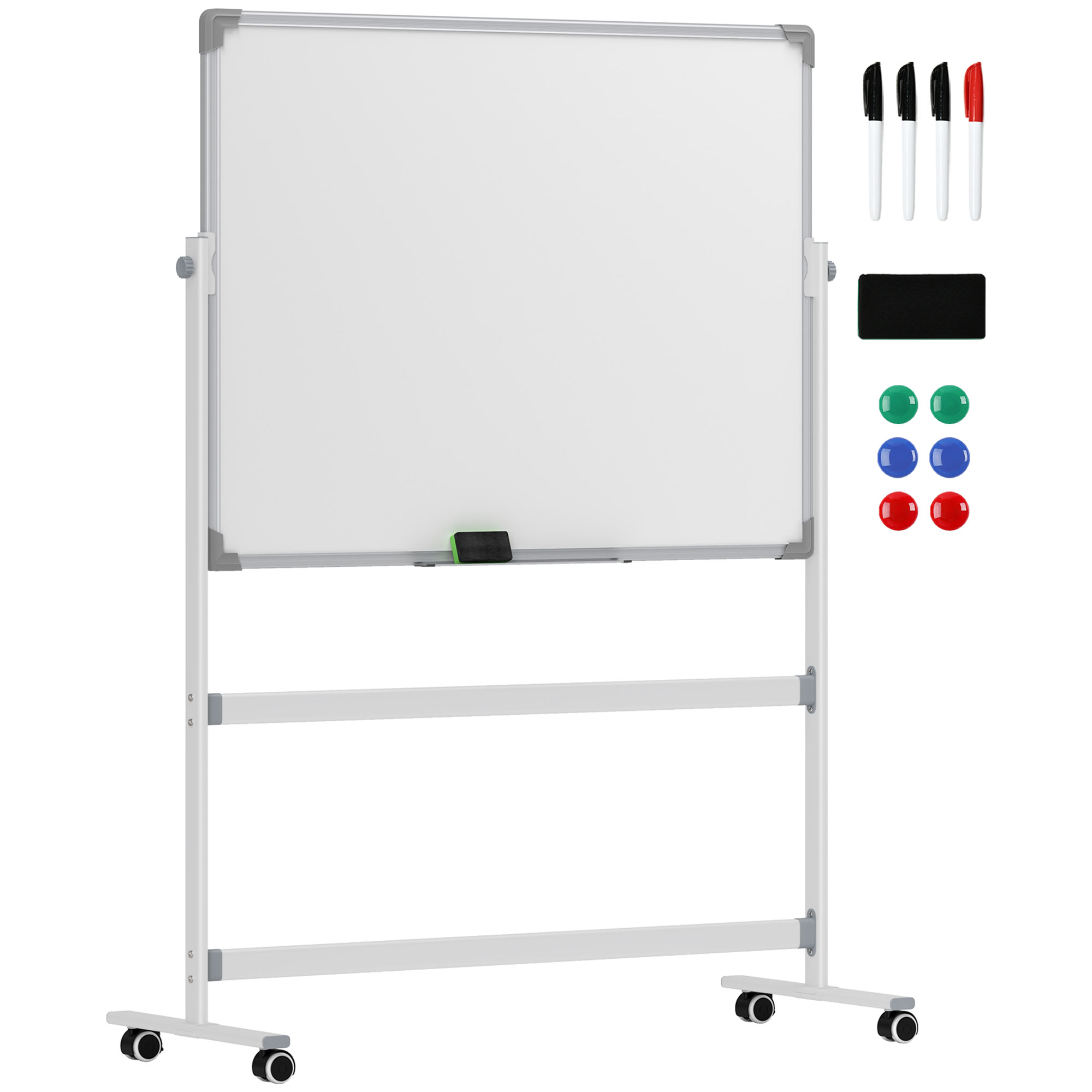 Pizarra blanca magnética de doble cara 120x90 cm con soporte y ruedas