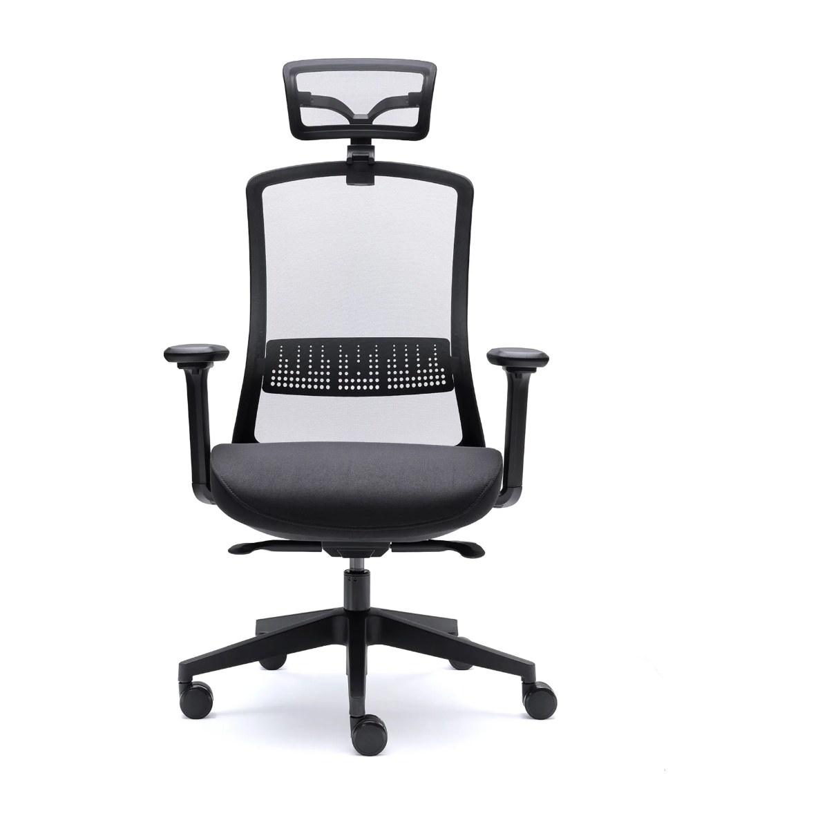 Silla de oficina AIRA de Euromof, vista frontal, con cabecero regulable, malla ultra transparente y brazos 4D