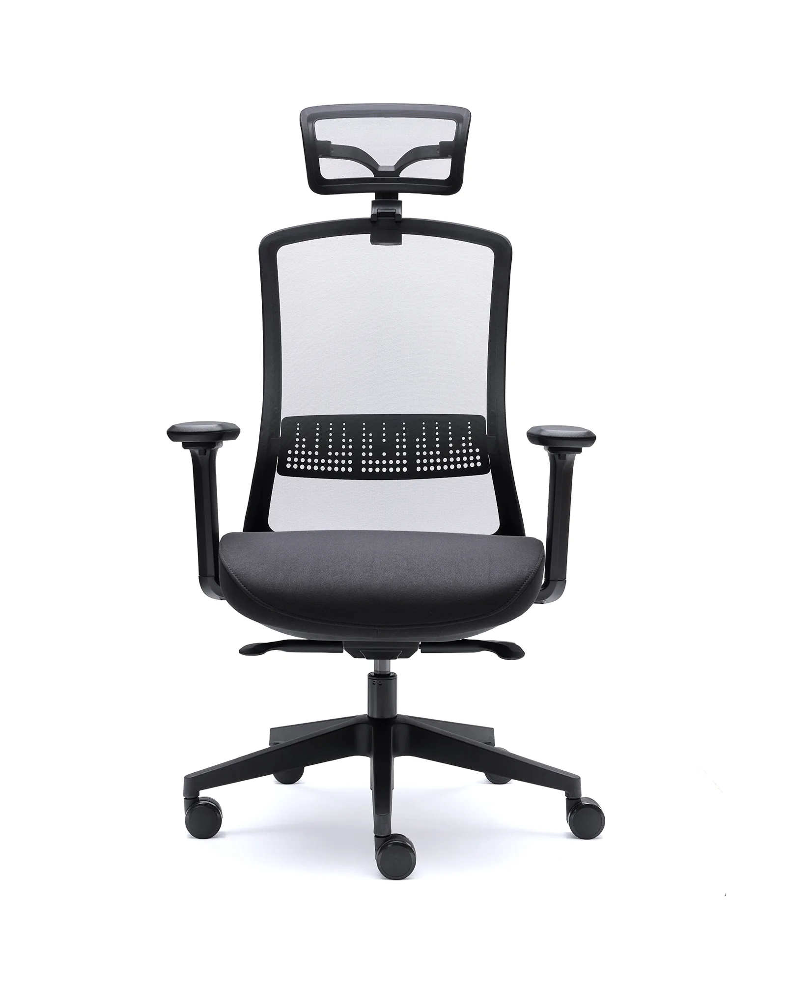 Silla de oficina AIRA de Euromof, vista frontal, con cabecero regulable, malla ultra transparente y brazos 4D