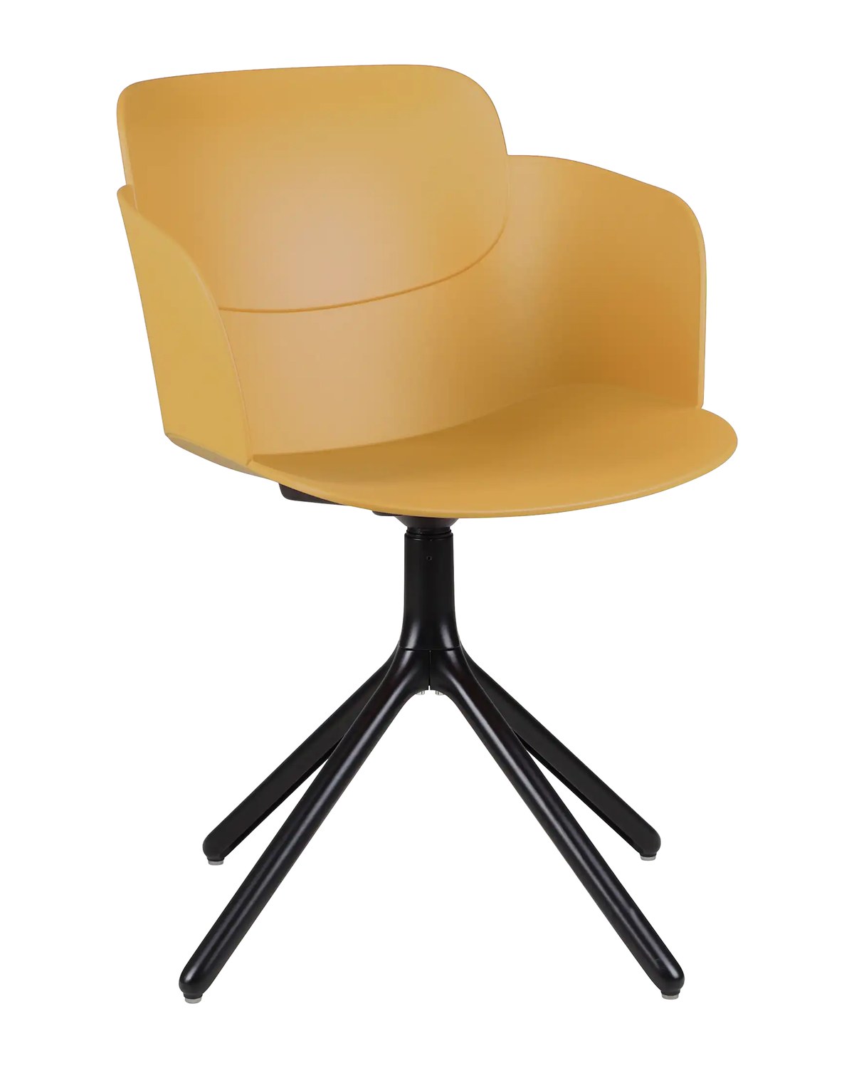 Silla de cafetería KORA con brazos en color amarillo mostaza, carcasa de polipropileno y base piramidal negra