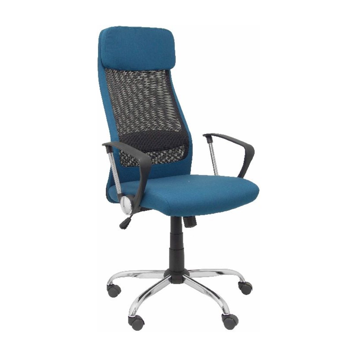 Silla escritorio ergonómica ZAFIRO tapizada en tela negra con cabecero y respaldo alto