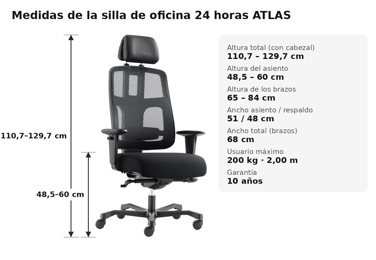 Medidas de la silla de oficina 24 horas ATLAS: altura total 110,7-129,7 cm y asiento 48,5-60 cm