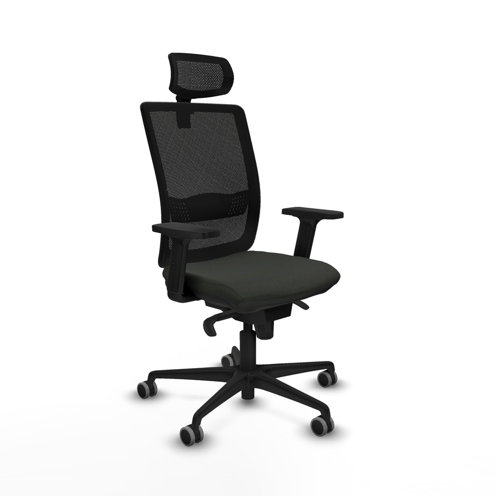 Silla ergonómica MARRU con cabecero regulable, asiento negro y base de nailon