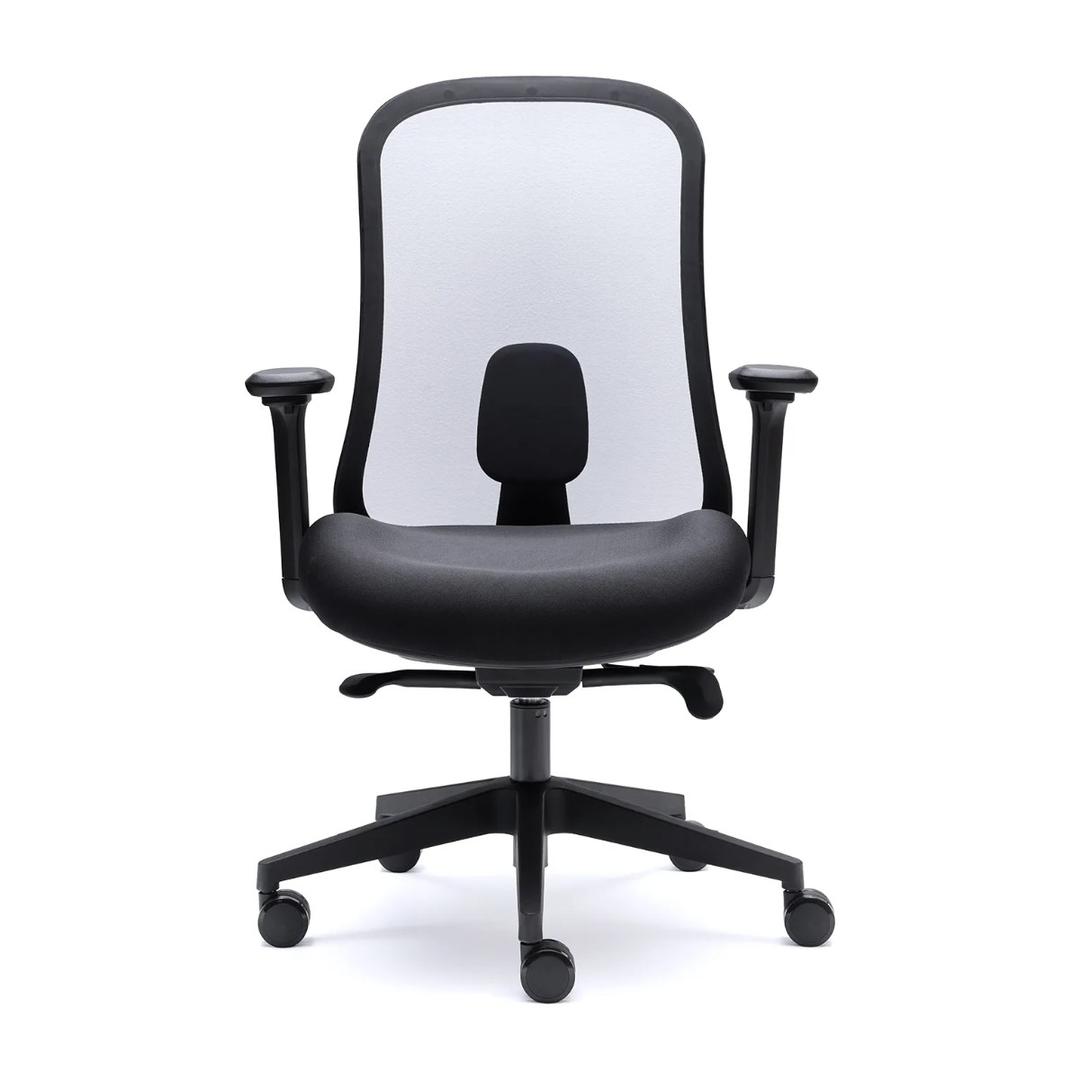 Silla de oficina LUCERNA de Euromof, vista frontal, con respaldo de malla ultra transparente y brazos 4D