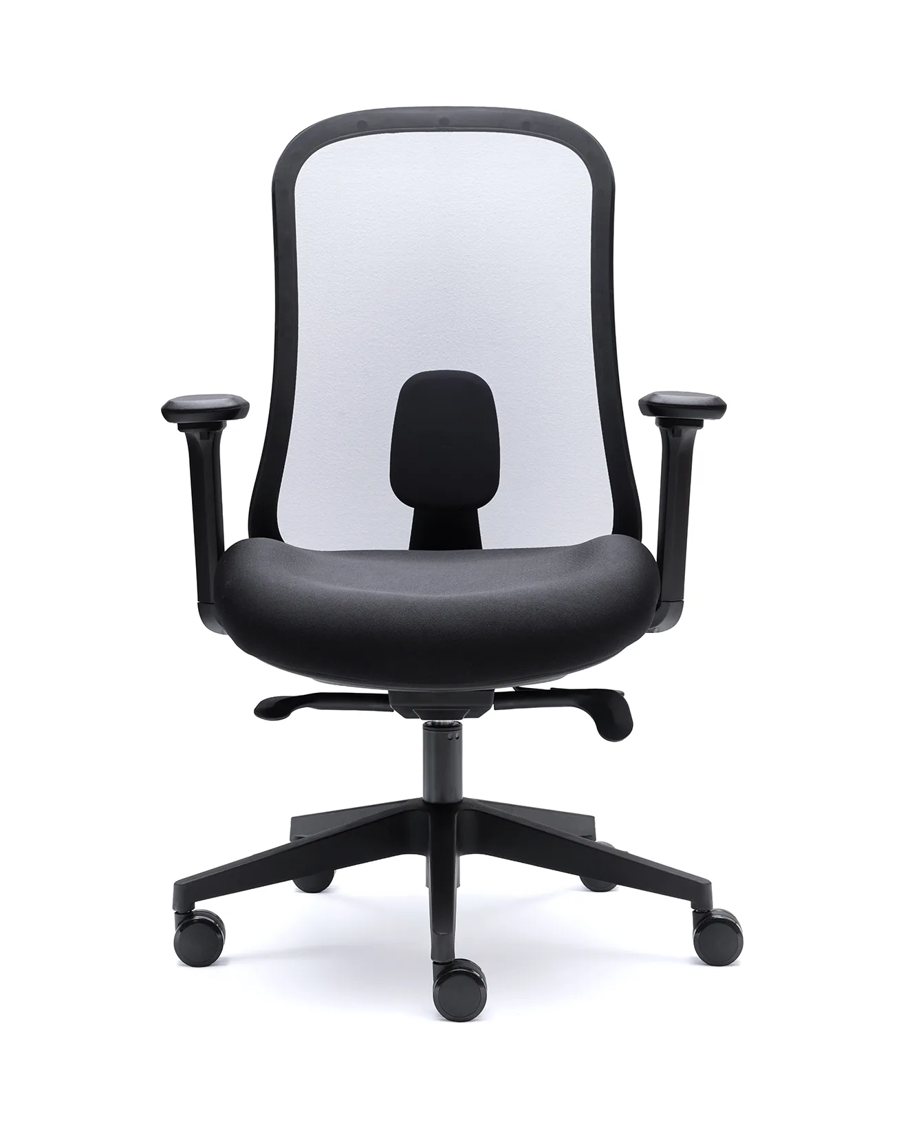 Silla de oficina LUCERNA de Euromof, vista frontal, con respaldo de malla ultra transparente y brazos 4D