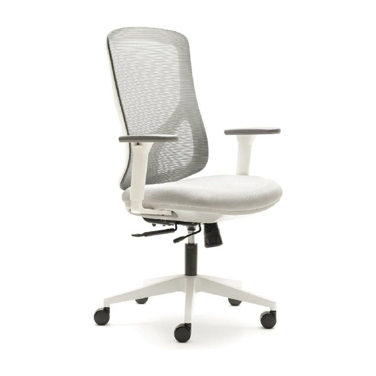 Silla de oficina NANTES blanca y gris de Euromof, vista de tres cuartos