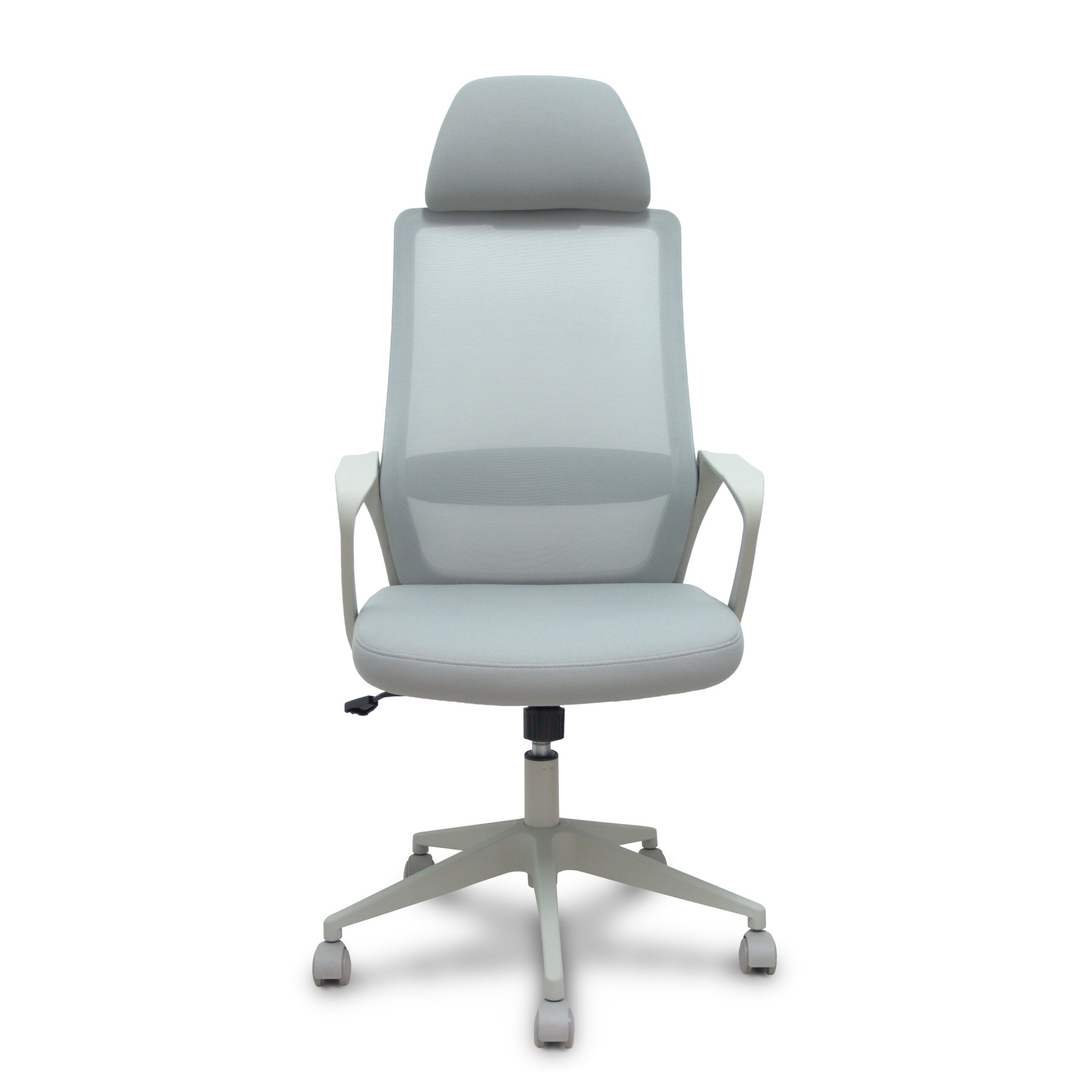 Silla de oficina con cabecero AZURE gris, respaldo de malla y brazos fijos, vista frontal