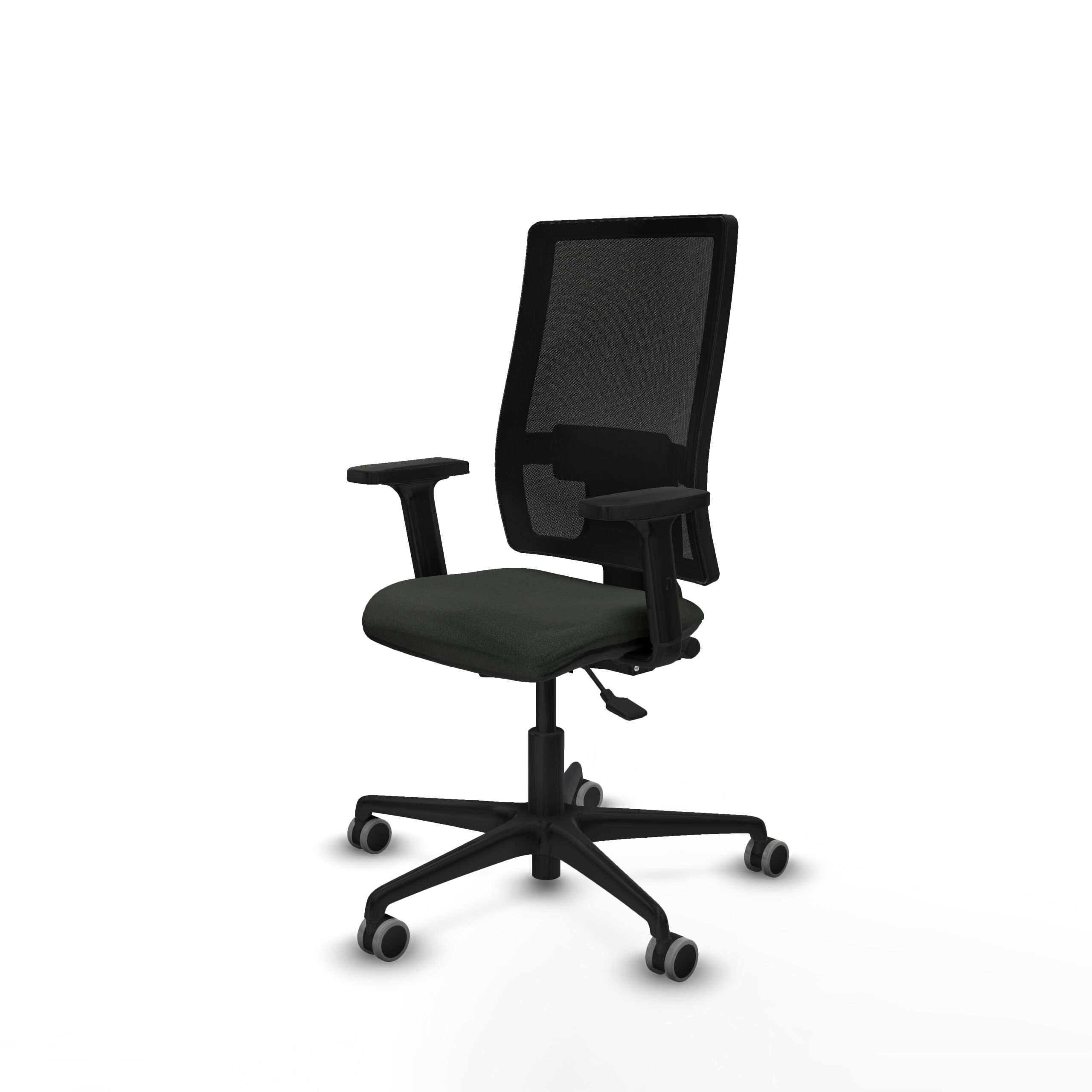 Silla ergonómica ONDA negra con brazos regulables 2D, vista en tres cuartos
