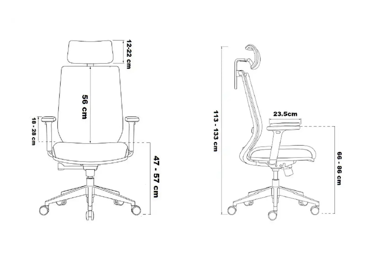 Medidas de la silla de oficina de colores PRISMA: altura total 113-133 cm y asiento 47-57 cm