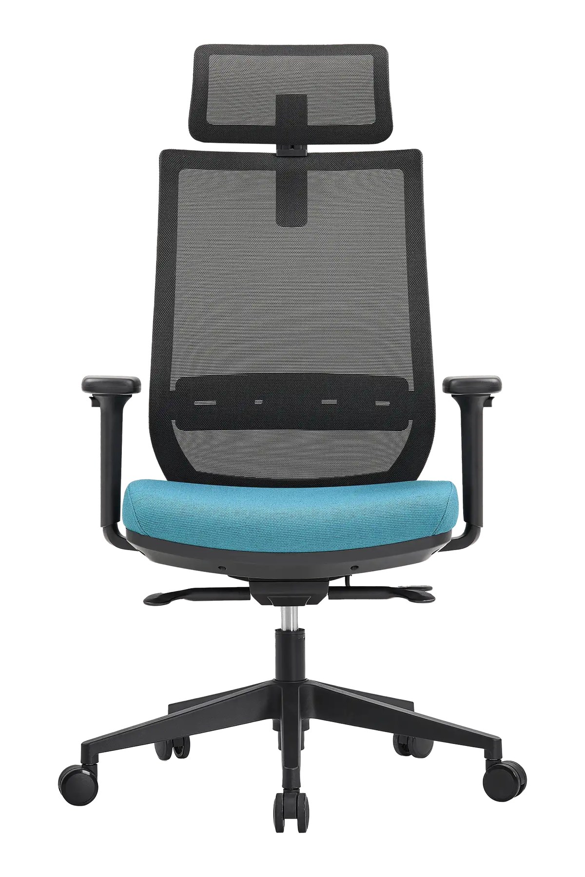 Silla de oficina PRISMA negra y azul vista frontal con cabezal y brazos 3D