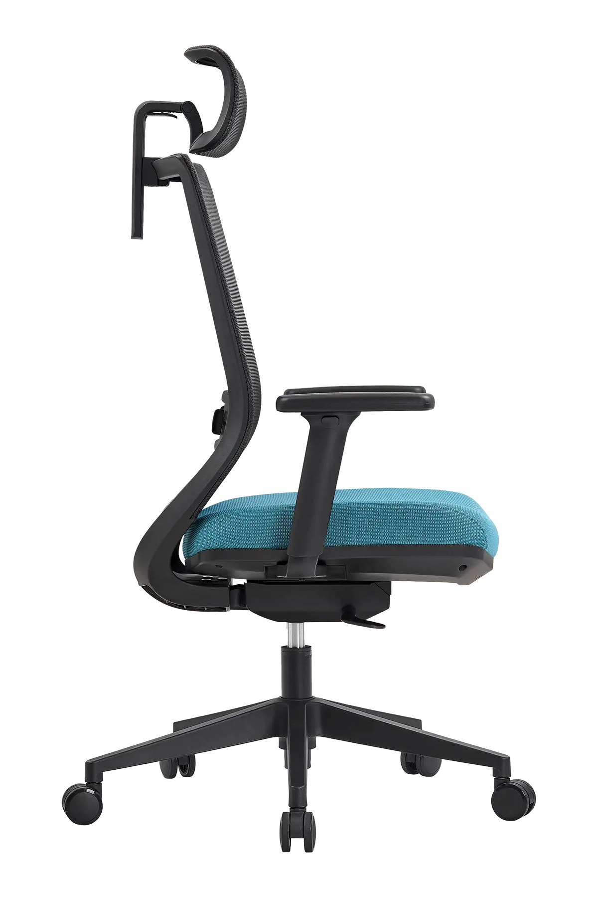 Silla de oficina PRISMA negra vista lateral con respaldo de malla ergonómico