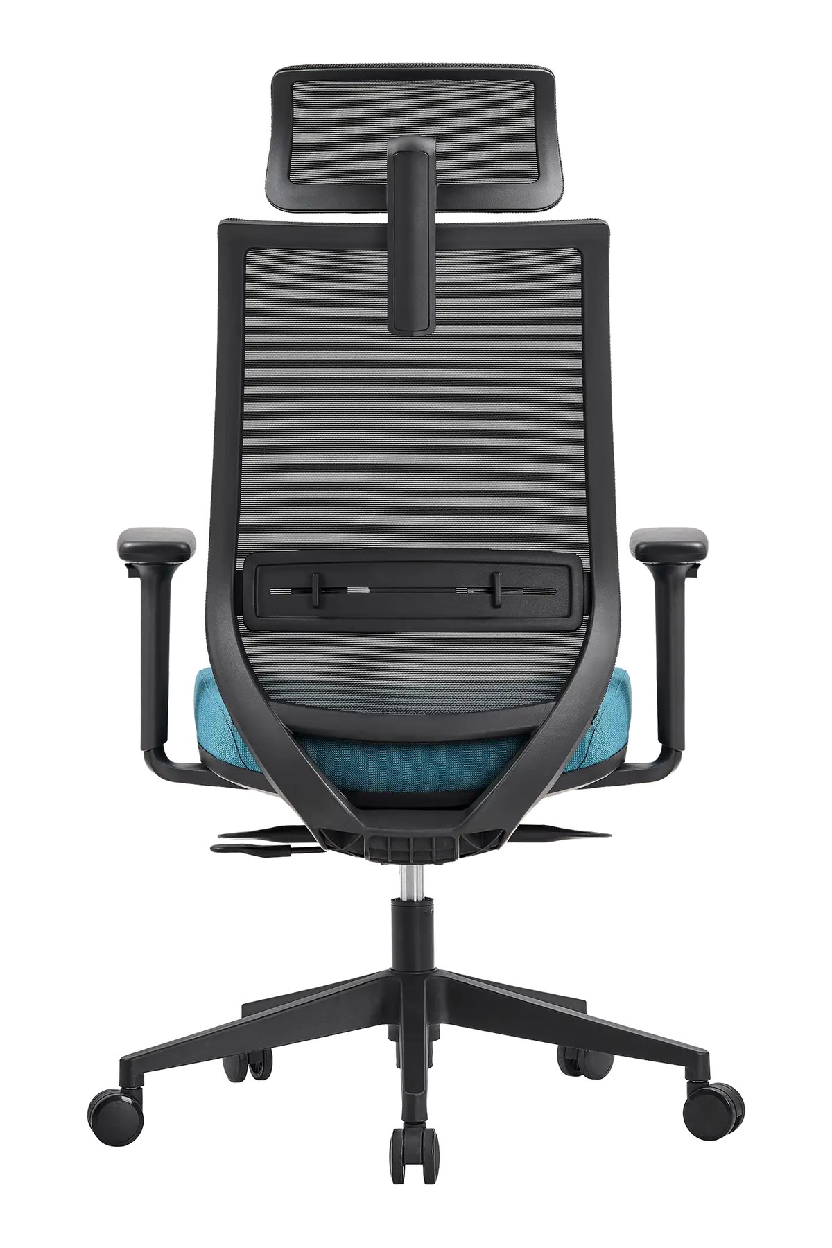 Silla de oficina PRISMA negra vista trasera con soporte lumbar regulable