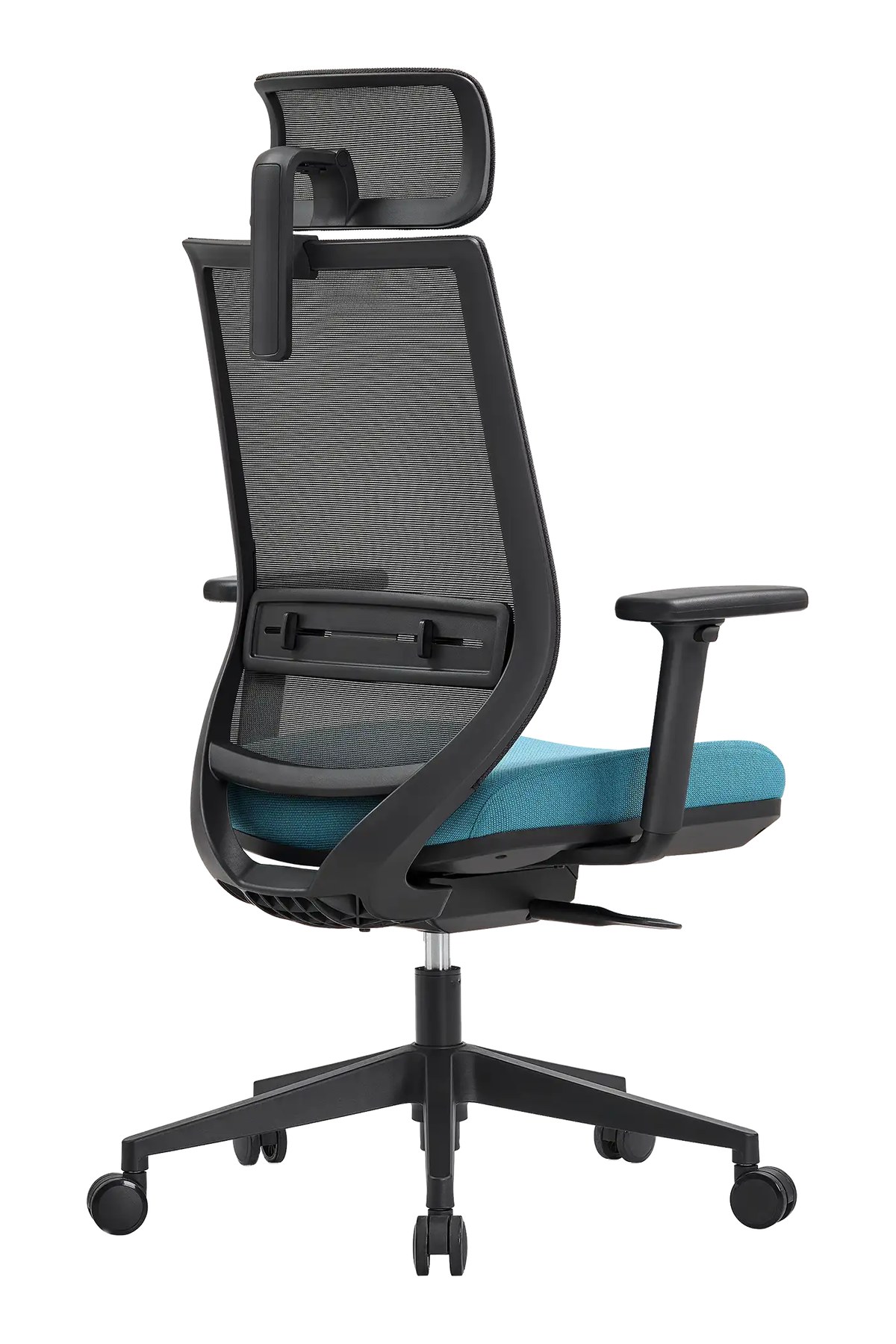 Silla de oficina PRISMA negra vista trasera tres cuartos