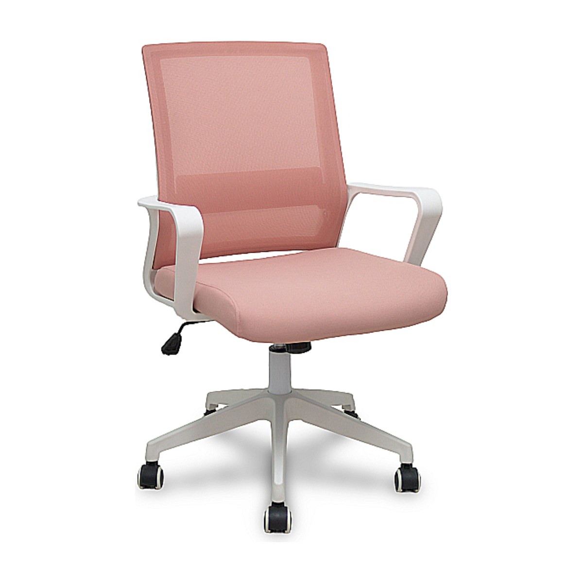 Silla de escritorio rosa ergonómica con respaldo de malla y estructura blanca
