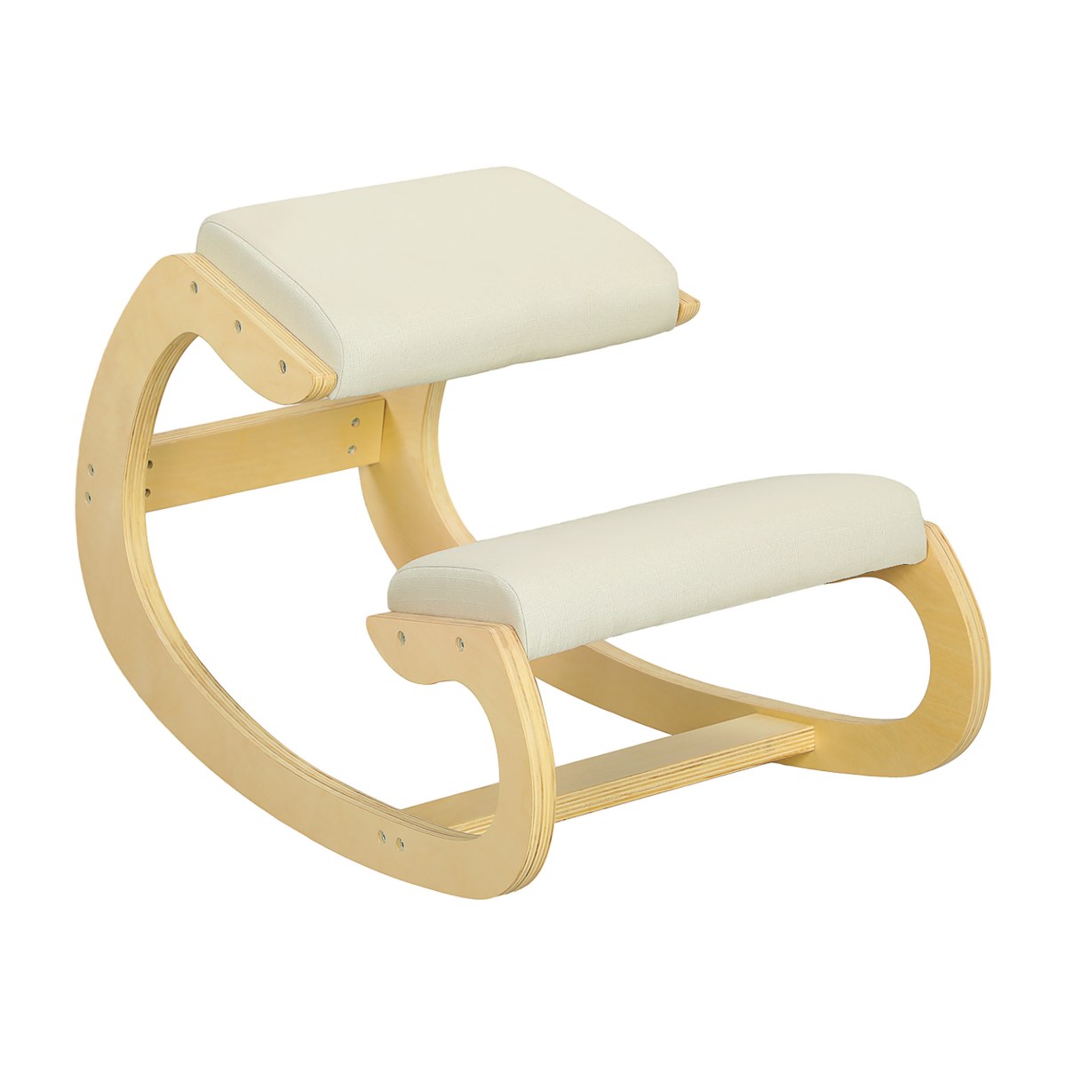 Silla postural de rodillas sin respaldo con base curva de abedul y tapizado crema