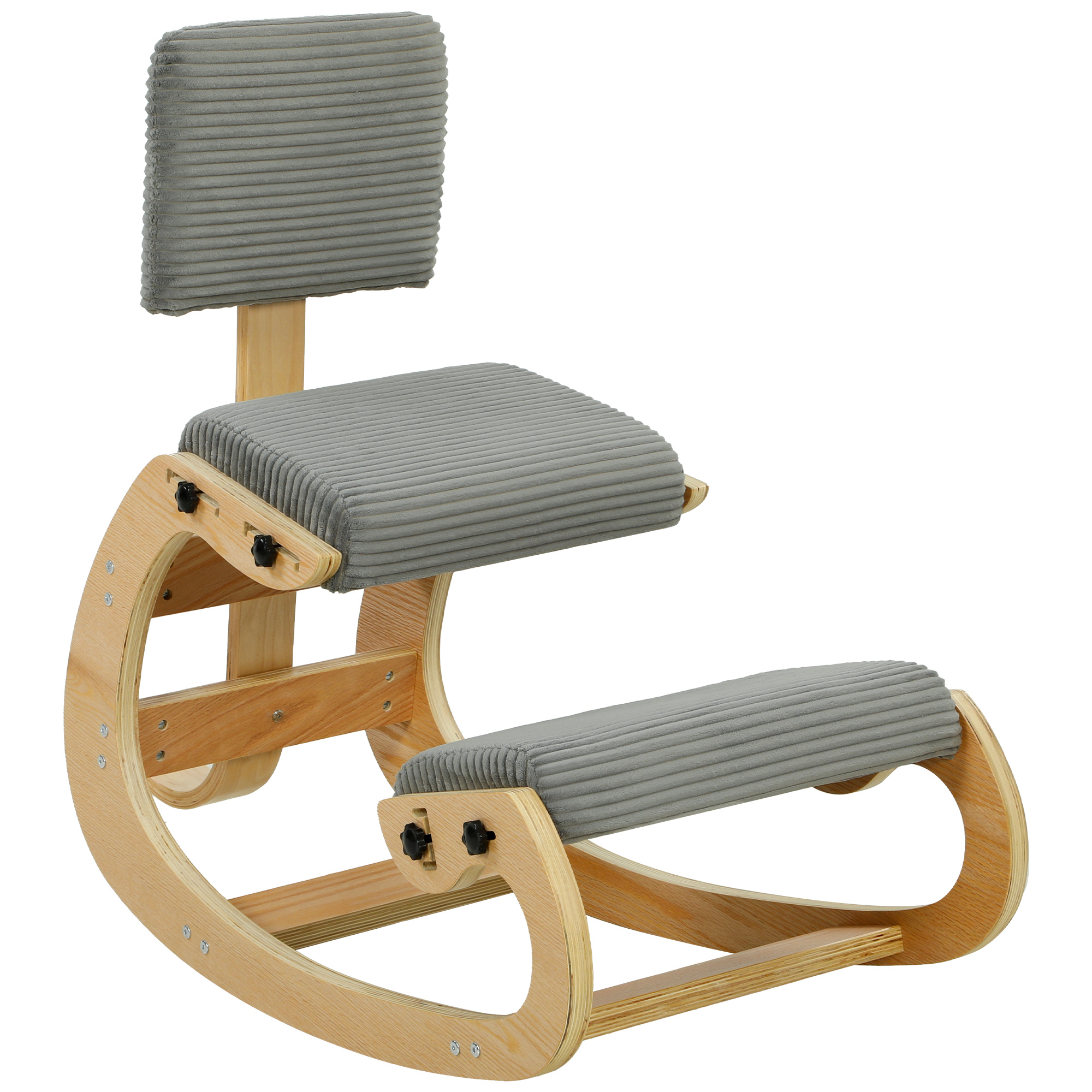 Silla postural de rodillas con respaldo tapizada en pana gris y estructura de abedul barnizado