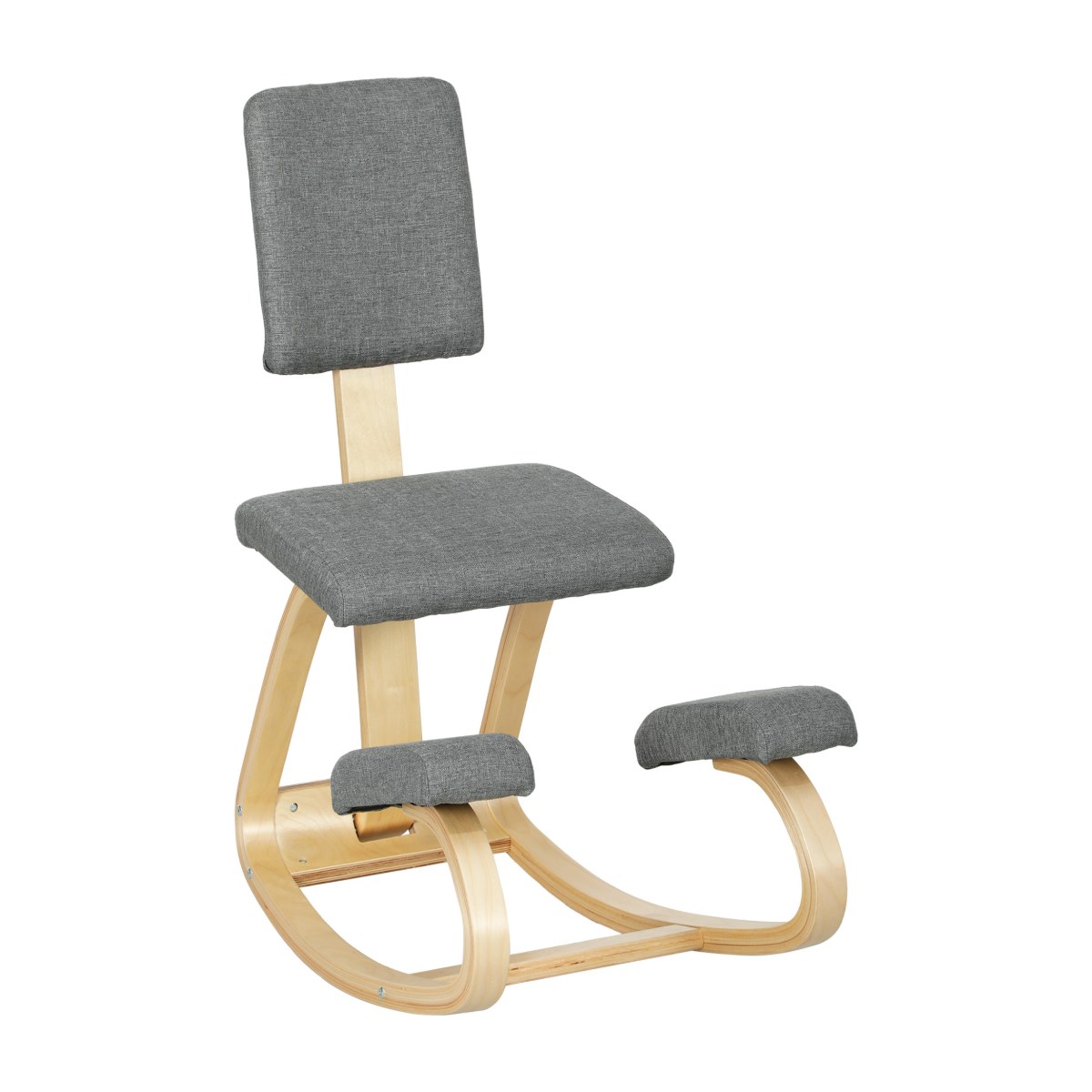 Silla postural de rodillas con respaldo y estructura de abedul, tapizada en gris