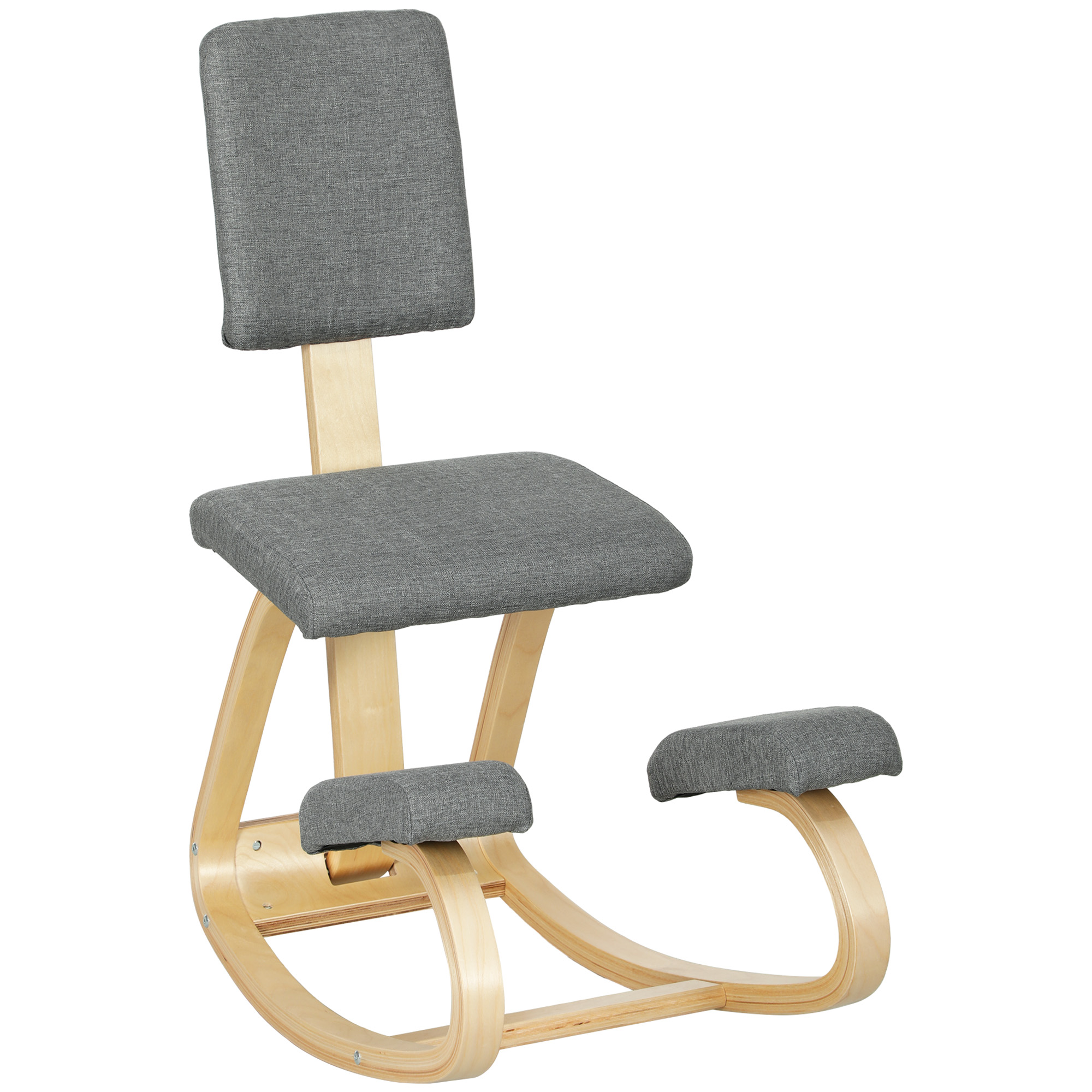 Silla postural de rodillas con respaldo y estructura de abedul, tapizada en gris