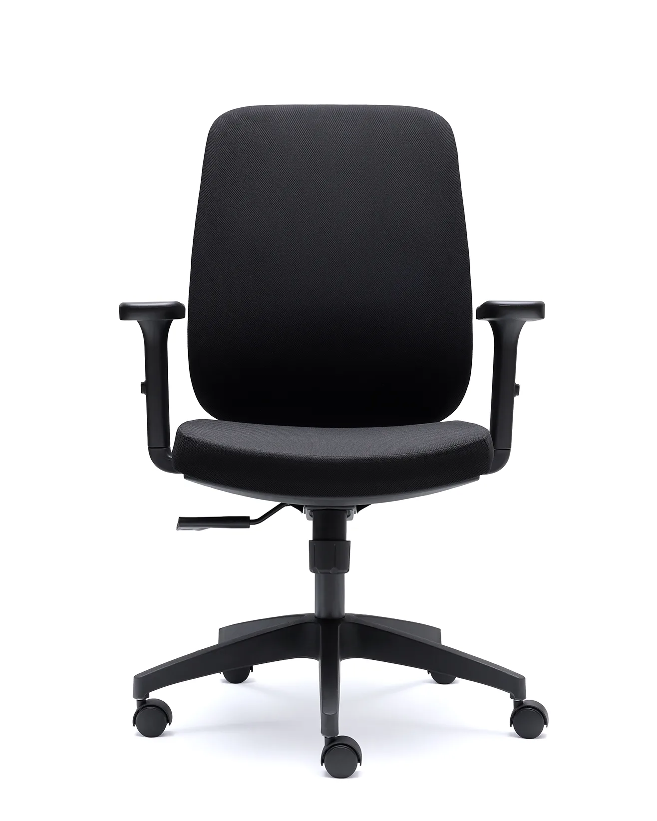 Silla de oficina TORINO de Euromof, vista frontal, con respaldo tapizado y brazos 1D