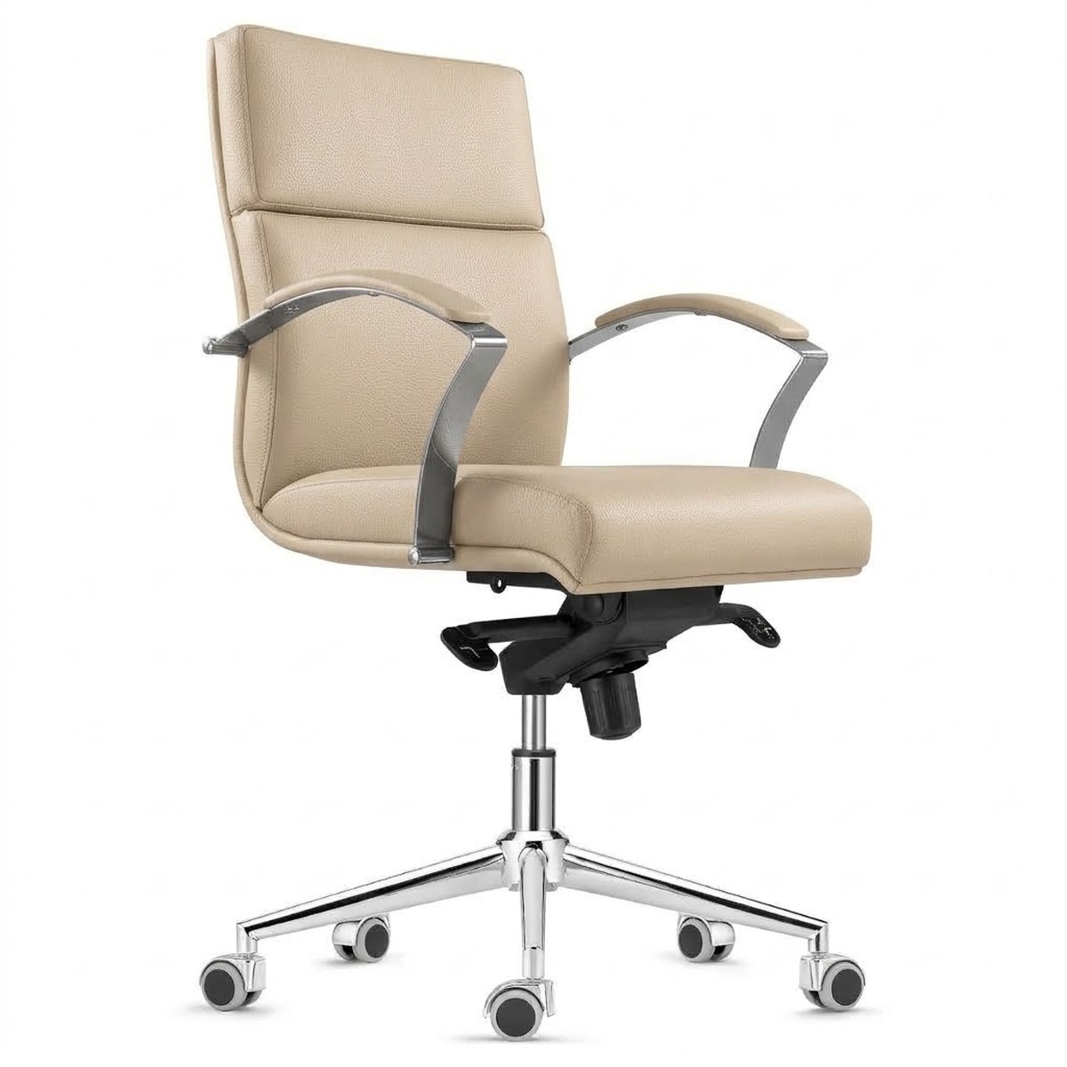 Sillón de oficina de respaldo medio ALAMO tapizado en piel natural beige, con brazos de aluminio pulido y base cromada