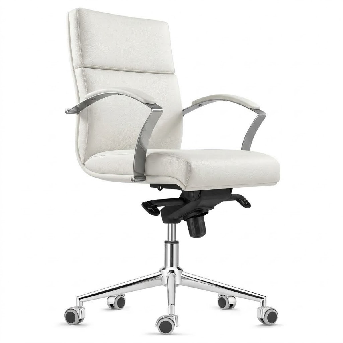 Sillón de oficina de respaldo medio ALAMO tapizado en piel natural blanca, con brazos de aluminio pulido y base cromada