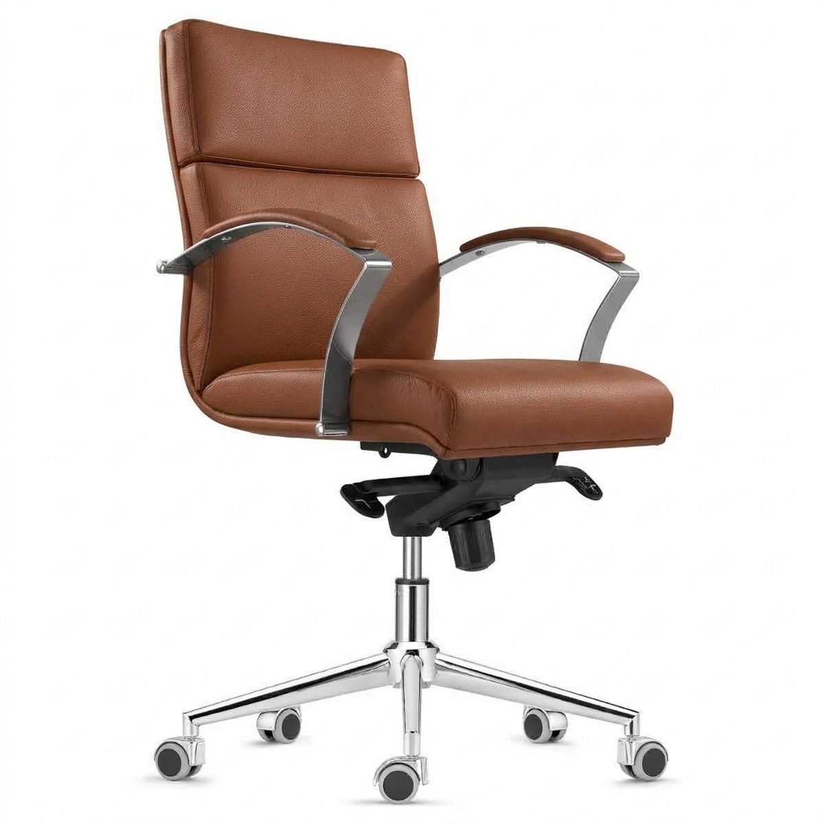 Sillón de oficina de respaldo medio ALAMO tapizado en piel natural camel, con brazos de aluminio pulido y base cromada