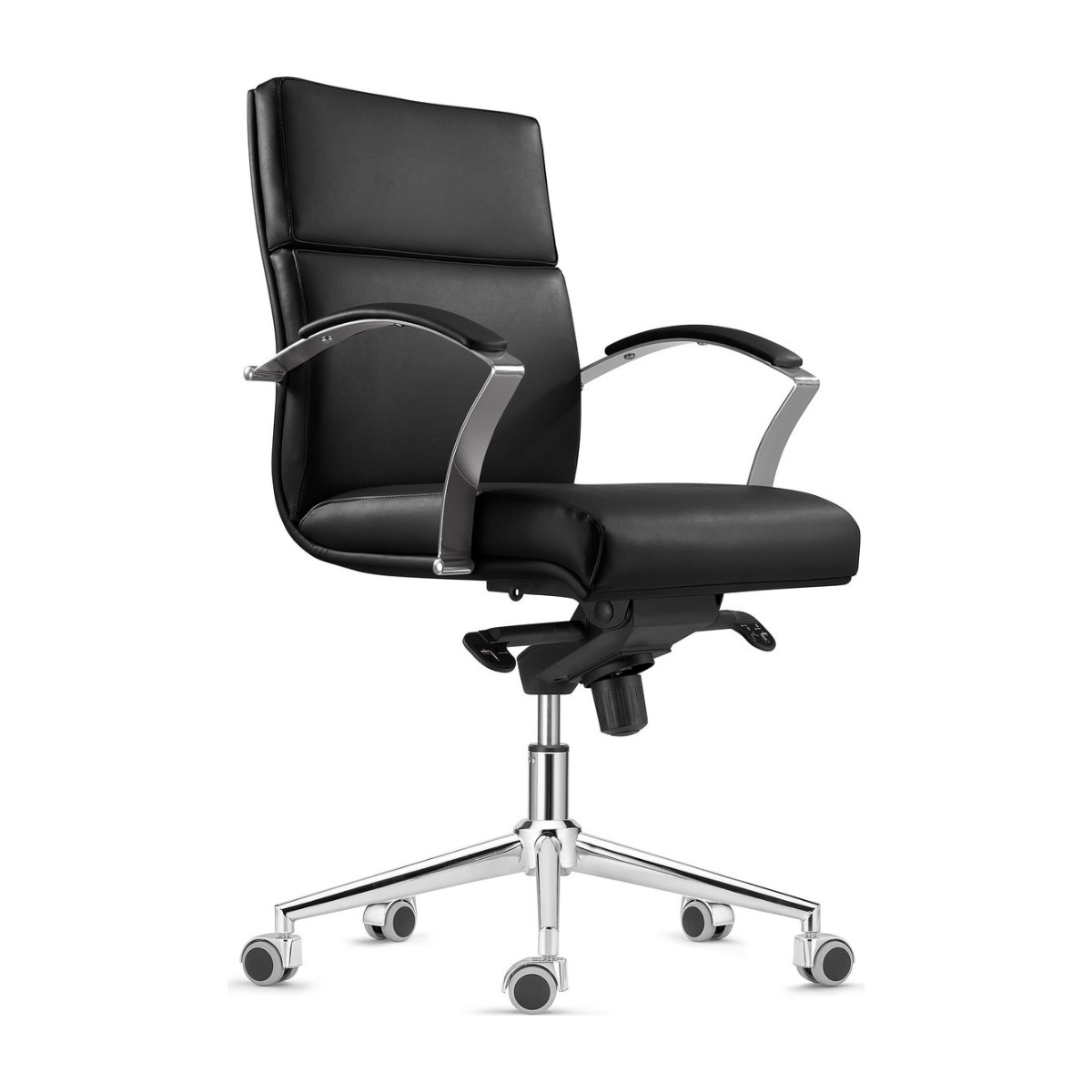 Sillón de oficina de respaldo medio ALAMO tapizado en piel natural negra, con brazos de aluminio pulido y base cromada