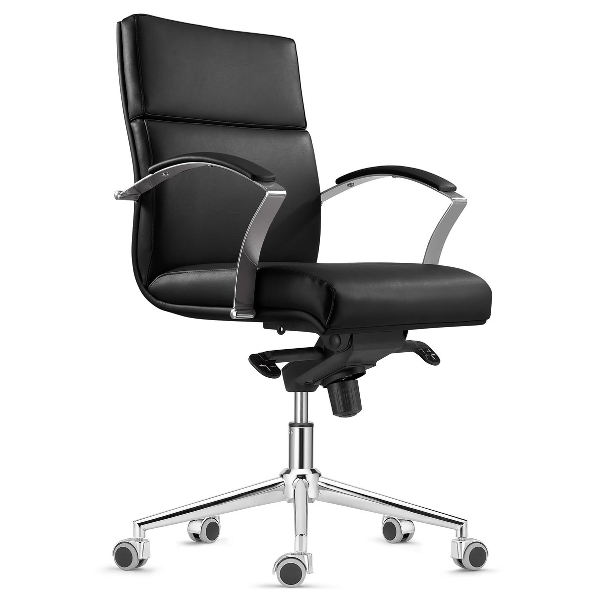 Sillón de oficina de respaldo medio ALAMO tapizado en piel natural negra, con brazos de aluminio pulido y base cromada