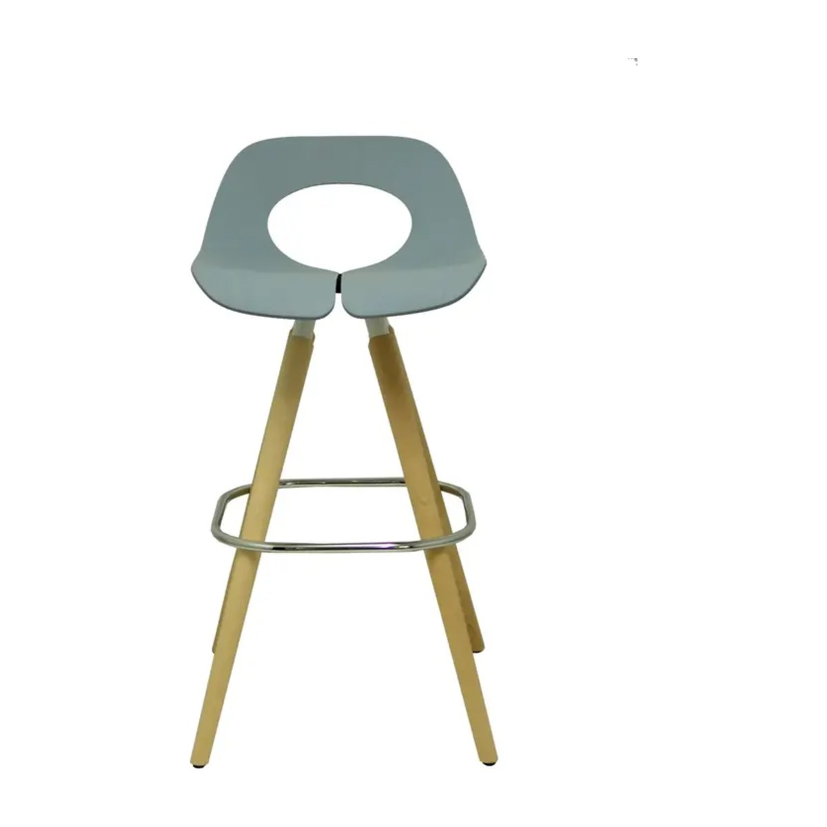 Taburete alto de madera PESARO con asiento azul y aro cromado