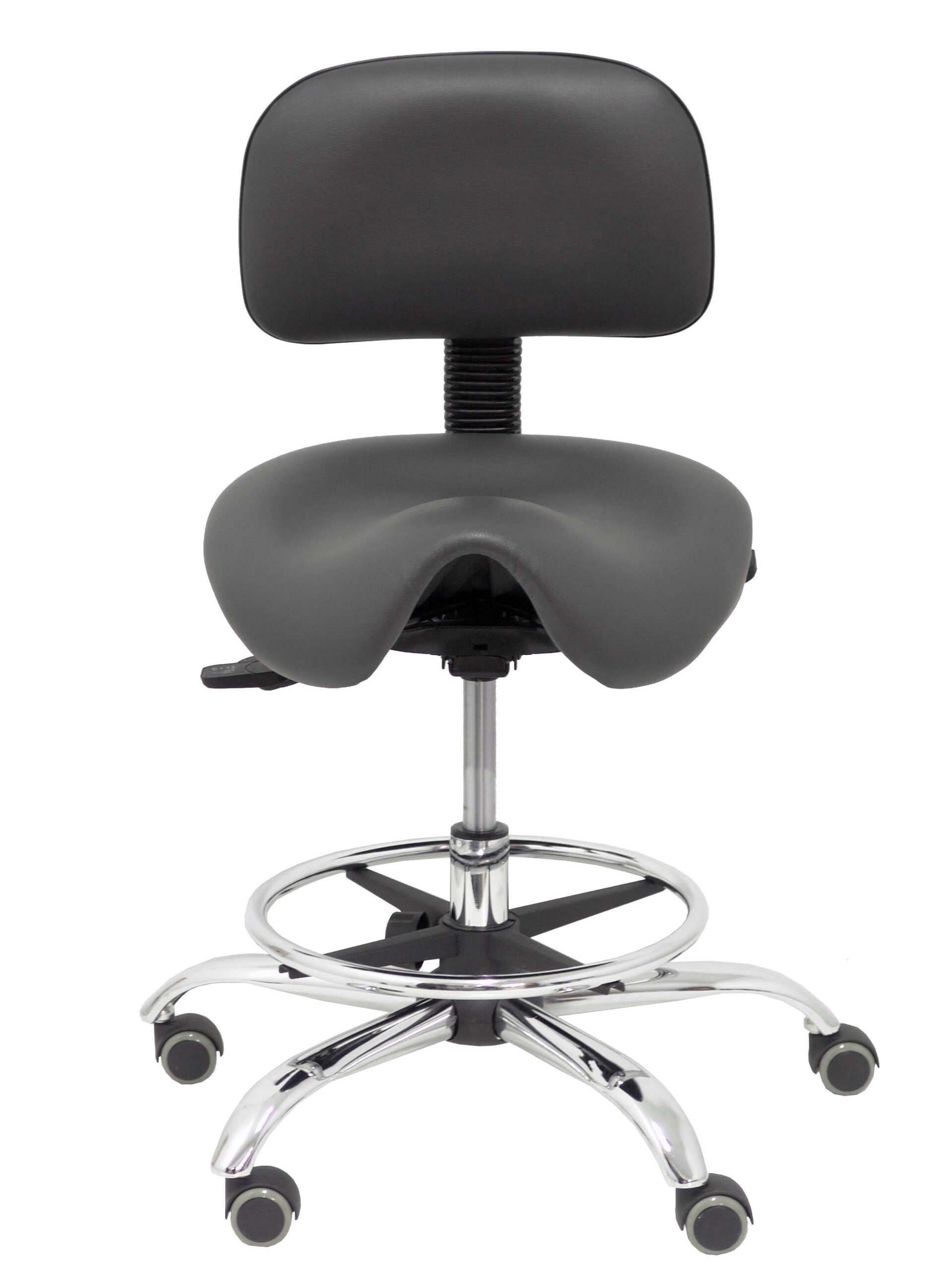 Taburete clínico con respaldo RÍMINI con asiento tipo sillín y base cromada